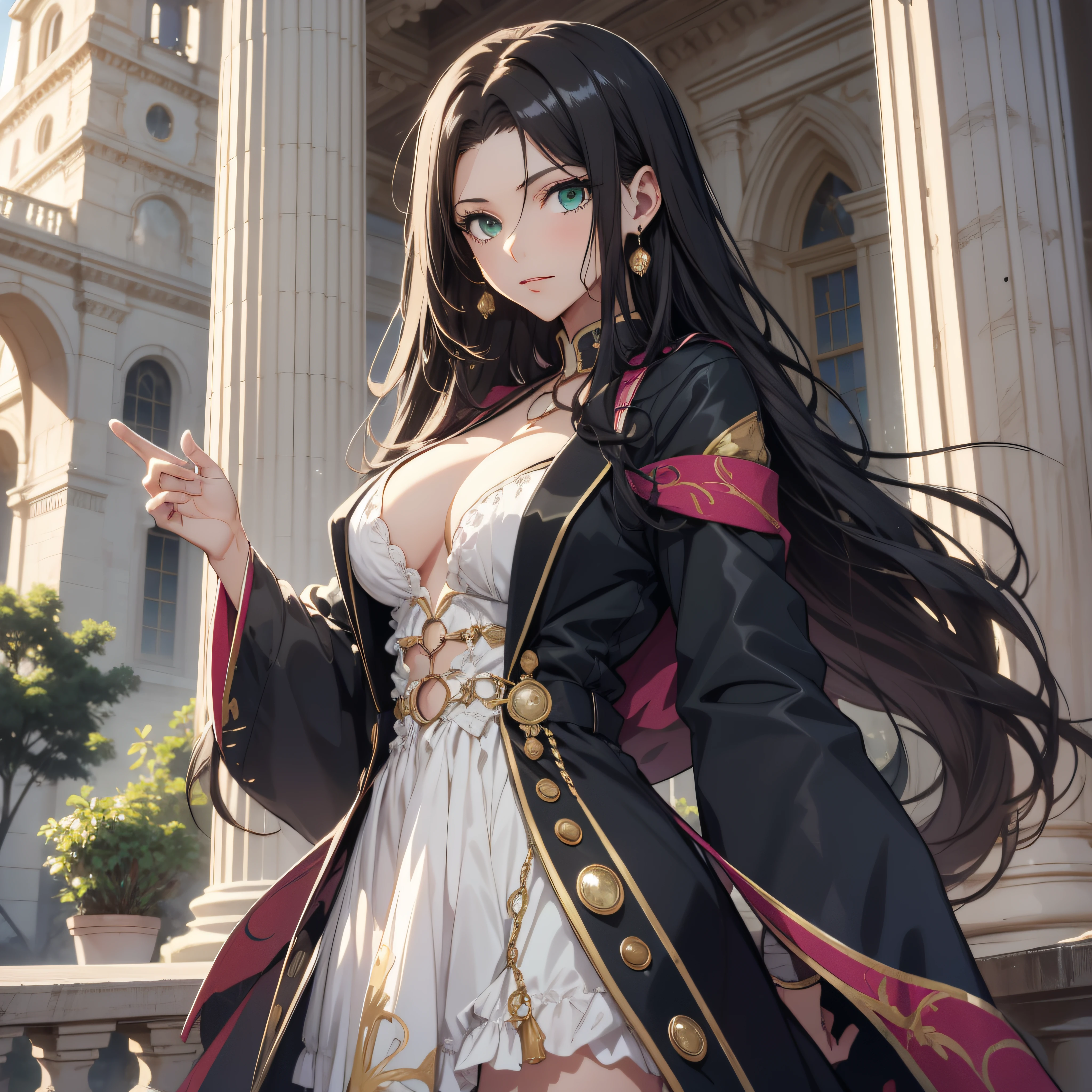 (best quality, masterpiece, ultra-detailed, extremely detailed, highres), (1girl, single, solo), 18 years old Anime girl, long raven hair, slightly wavy hair, parted bangs, cleavage, Magus, green eyes, earring, long black coat, white shirt, black skirt, aristocrat, noble attire, beautiful, ethereal, elegant, prestigious, classic, royal building, royal atmosphere