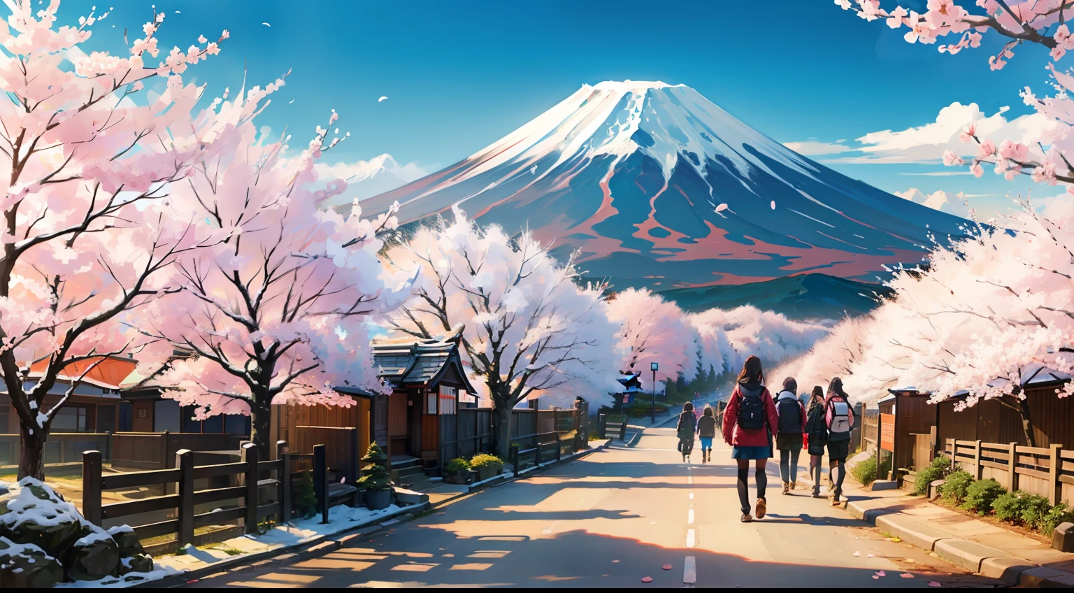 A path lined with flourishing cherry blossom trees, jpn, Mt fuji, masuter piece,