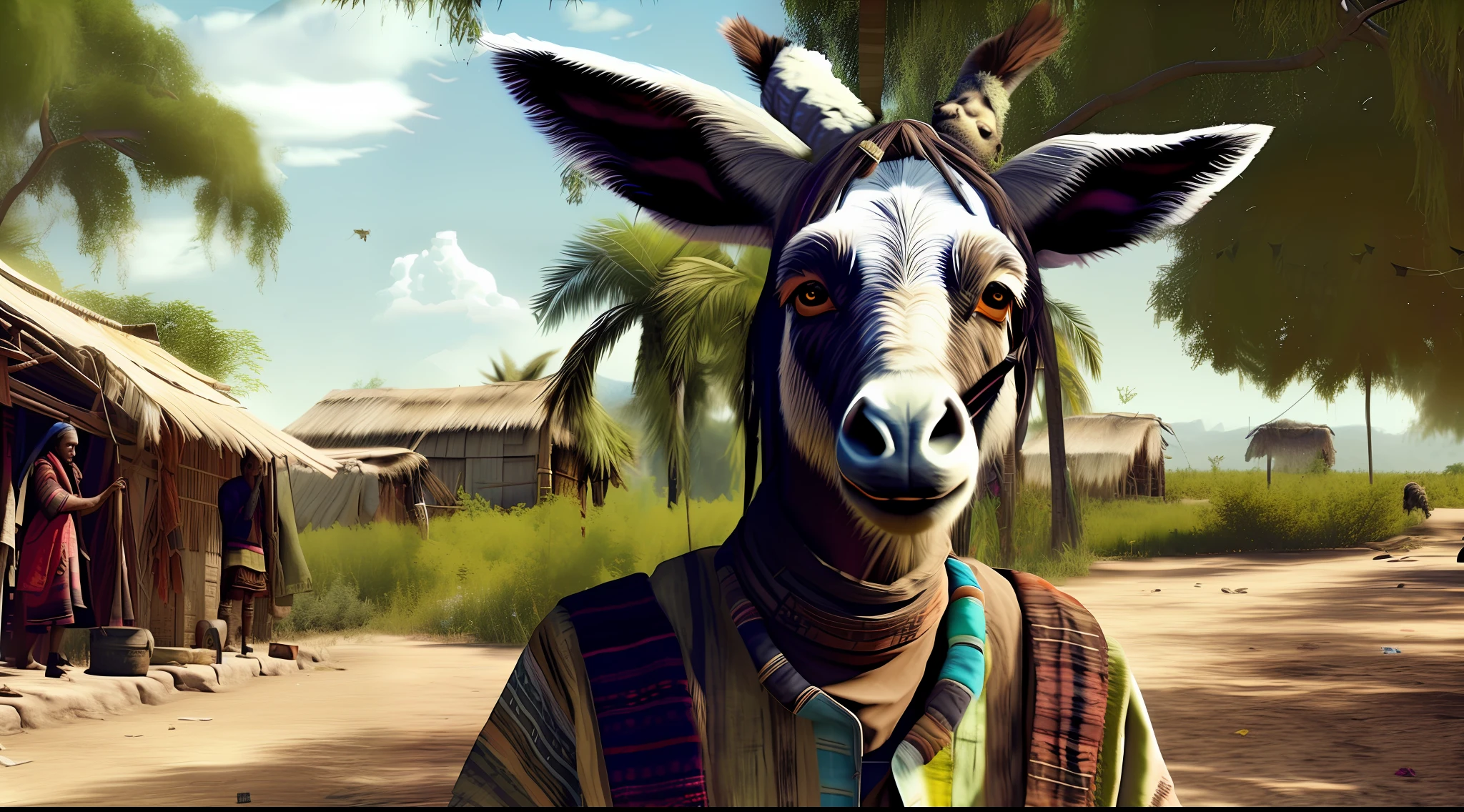 Photo of a group of donkeys and a woman mixed，Complete，full bodyesbian，Tattered sackcloth clothes，Beggar，Quantity 20，Tribal village background，Subvirtuality