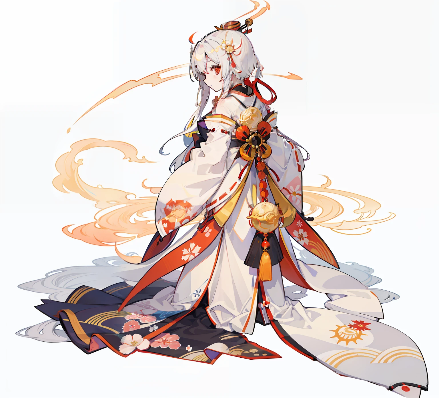 1人, reference sheet, (Fantasy character design, Front, back, Side) girl, kimono, japanese goddess, amaterasu, long white hair, sun shine, light, orange, yellow