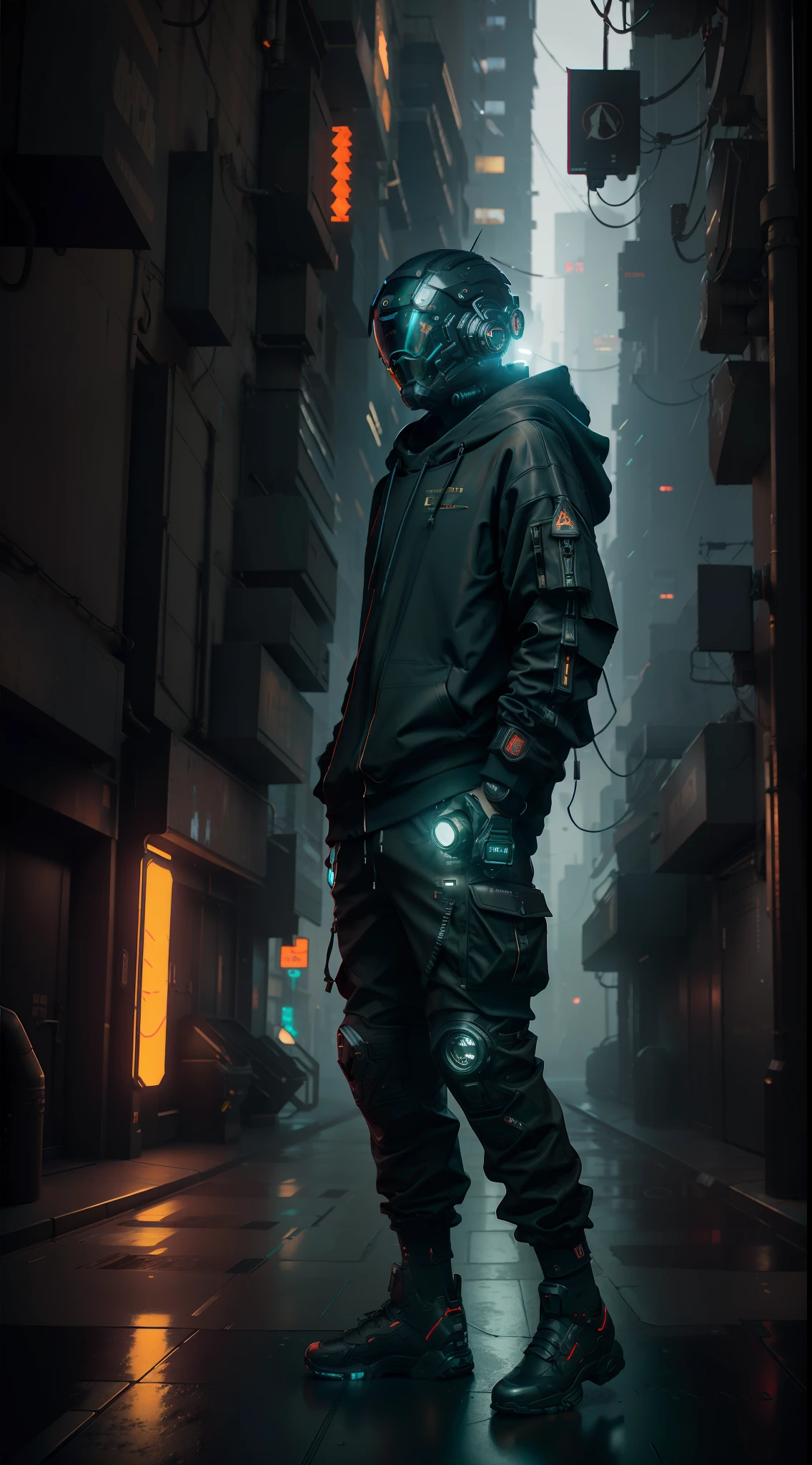 (masterpiece, full body shot, intricate raw photography) Cyberpunk citizen, comfortable oversize black hoodie, black cargo pants, black clothes, dark, wearing a black helmet hitech style Astronaut, intricate, futuristic, advanced technology, dark environment, dramatic, light and shadow, cinematic, action movie, sharpness, random relaxed position, Cyberpunk City, street lights, dark street, night, Insta photo, photo of the year, octane render, substance, Maya 3D,  cinema4D, ArtStation Trending, Devian Art Trend,