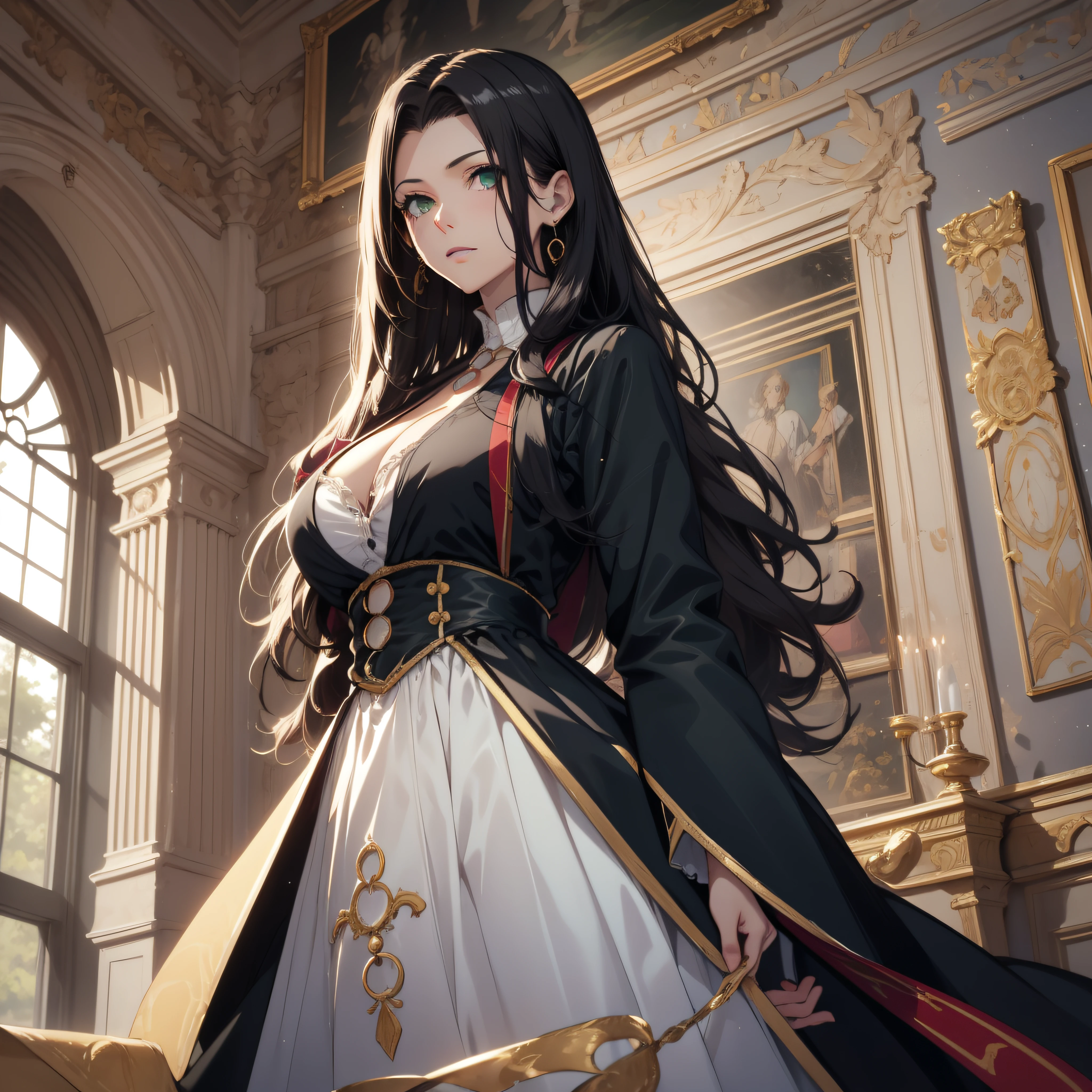 (best quality, masterpiece, ultra-detailed, extremely detailed, highres), (1girl, single, solo), 18 years old Anime girl, long raven hair, slightly wavy hair, parted bangs, cleavage, Magus, green eyes, earring, long black coat, white shirt, black skirt, aristocrat, noble attire, beautiful, ethereal, elegant, prestigious, classic, royal building, royal atmosphere