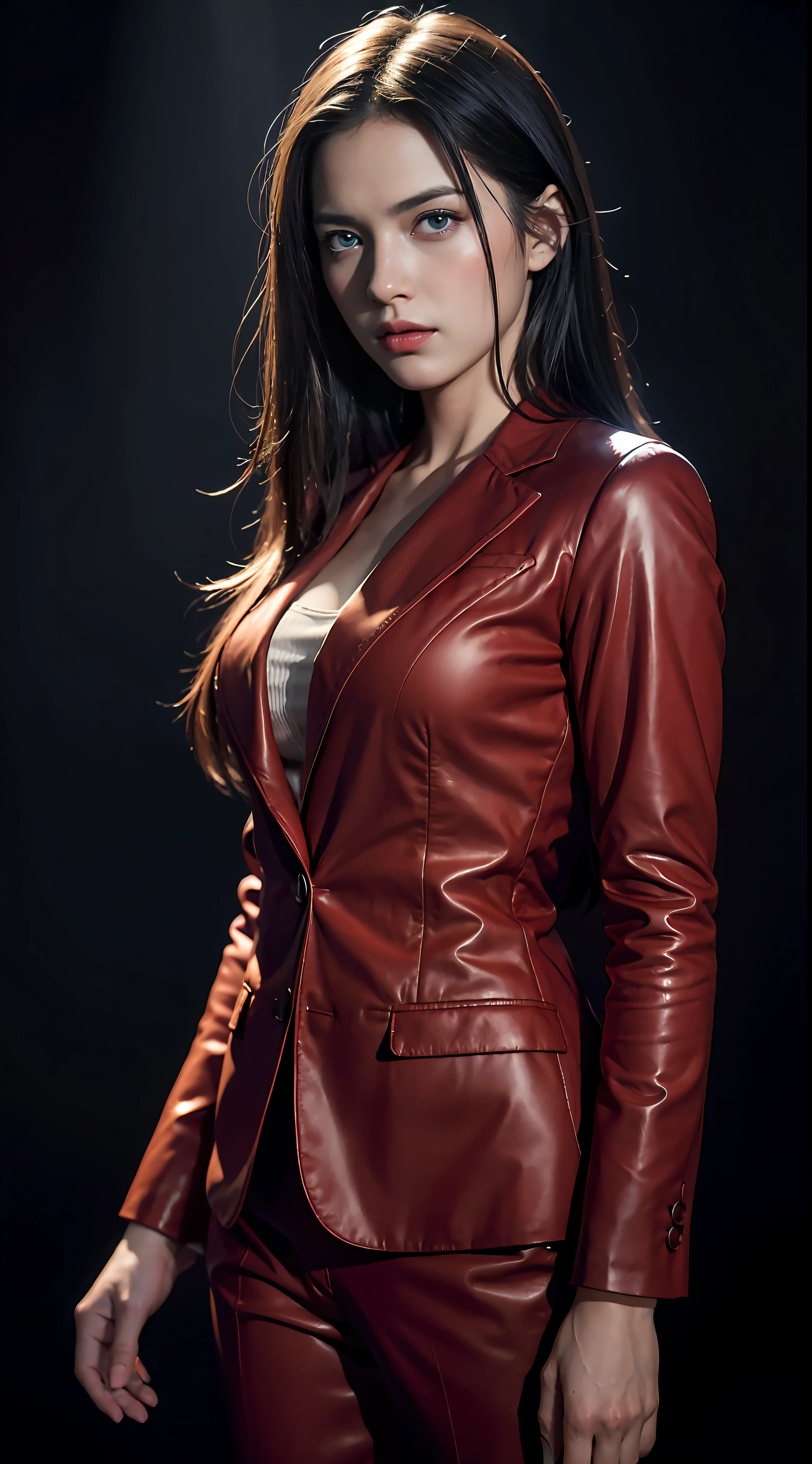 Best quality, masterpiece, ultra high res, (photorealistic:1.4), raw photo, 1girl, black hair, blue eyes, detailed eyes and face, red suit, dynamic lighting, in the dark, deep shadow, low key, cowboy shot, full-lenght body