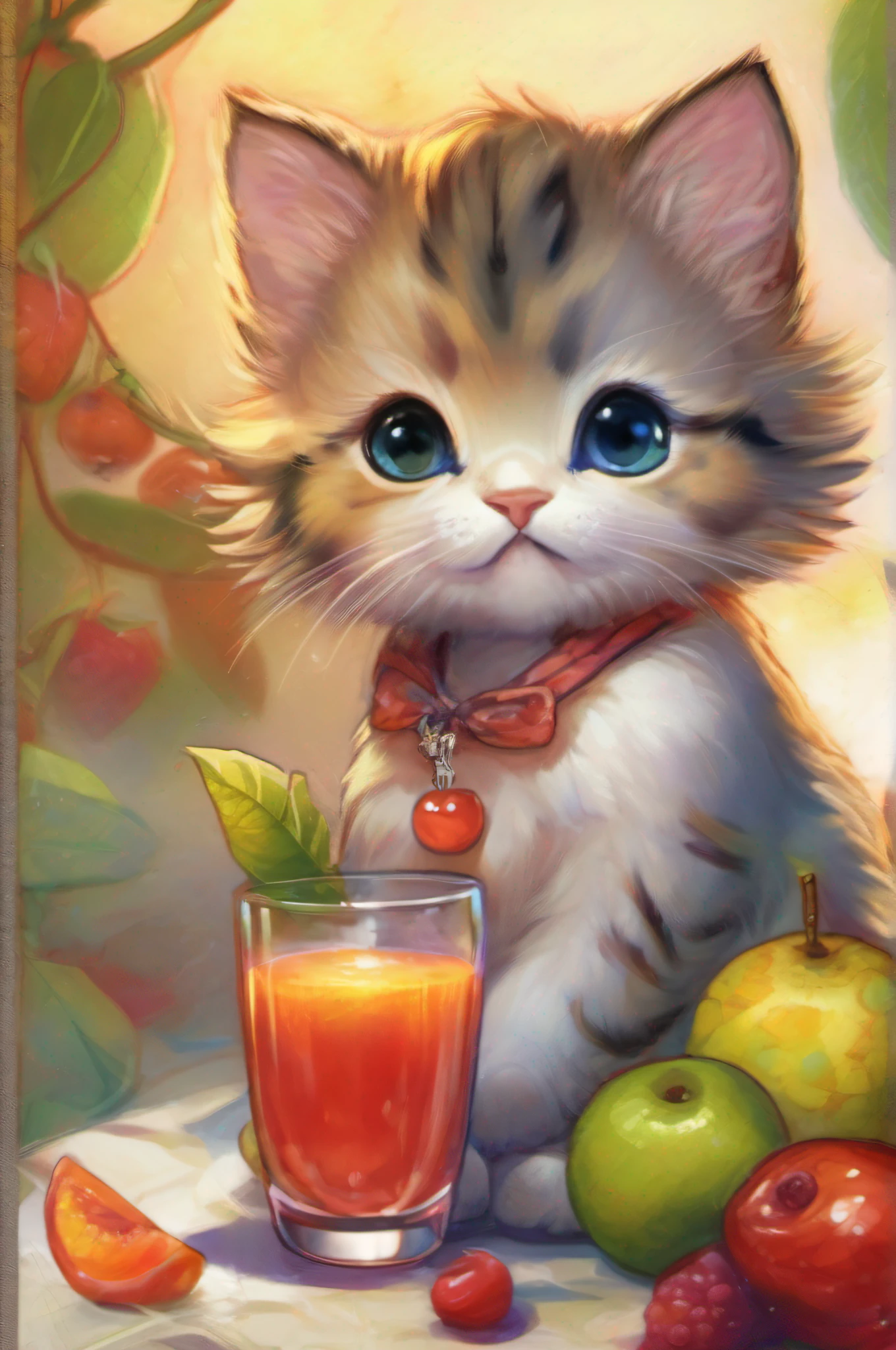 A chibi cat drinking fruit juice, in the style of artgerm, jerry pinkney, high resolution, dotted, loose and fluid,