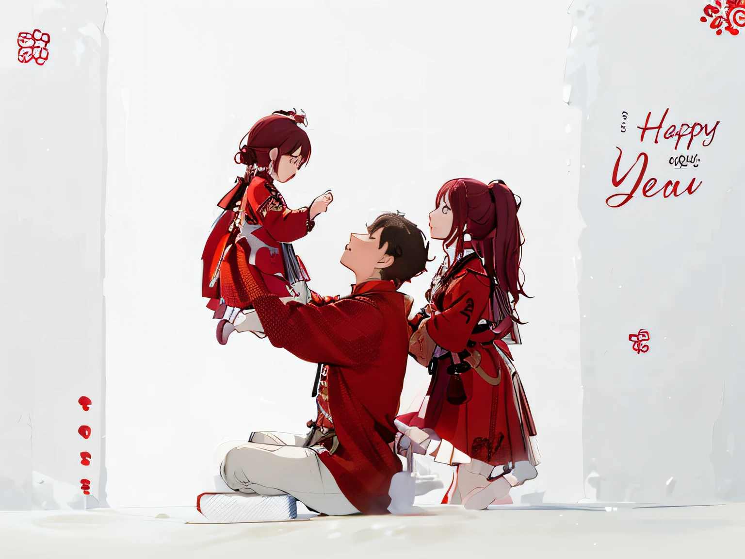 Image of a man and a little girl sitting on the floor of Araved, Happy family, Family, wearing red clothes, Red clothes, Holiday, red and white color theme, Family photography, red theme, red sweater and gray pants, wearing red attire, festivity, photoshoot, wearing red, Wearing a red cheongsam, child, Traditional Chinese clothing