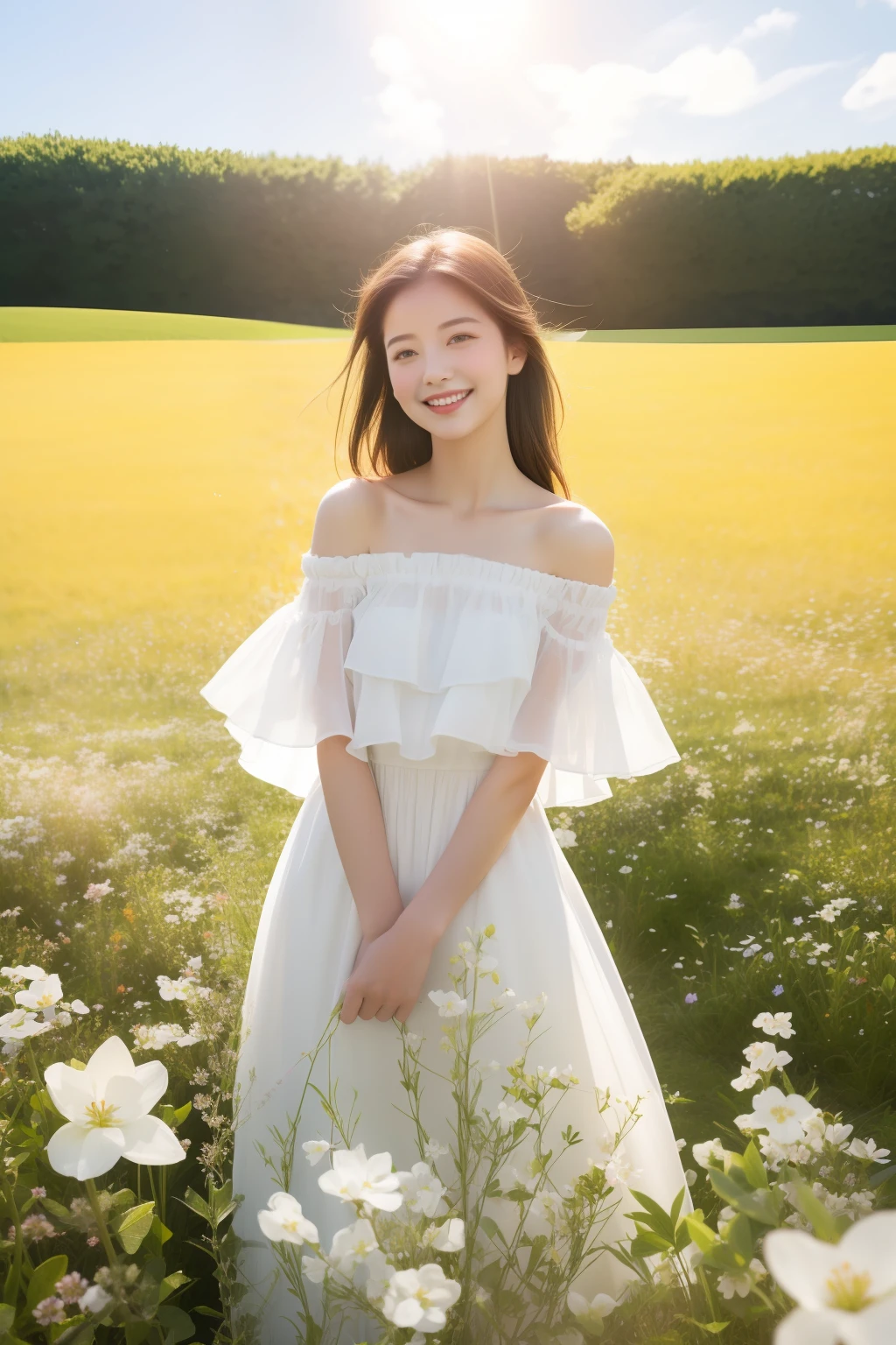 Best quality, masterpiece, ultra high res, (photorealistic:1.4), raw photo, 1girl, white dress, off shoulder, blossom 向日葵 flower field, glowing skin, light smile