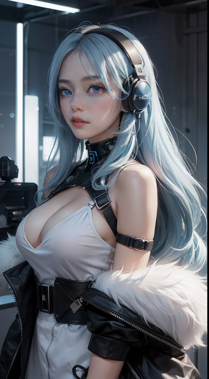 one-girl,Long light blue hair slightly curly,lewd poses,High temperament and coldness,Messy long hair,blue color eyes,Long white eyelashes,Bring headphones,The mouth is closed,No teeth exposed,Rainbow,cyber punk perssonage,The environment is simple,Meticulous facial features,8K,hyper HD,the detail(1:2),cinematric light,warm lights,looking at viewert,鎖骨,Shoulders exposed,Blackn clothes,复杂,Rich in graphics,mizore,真实感