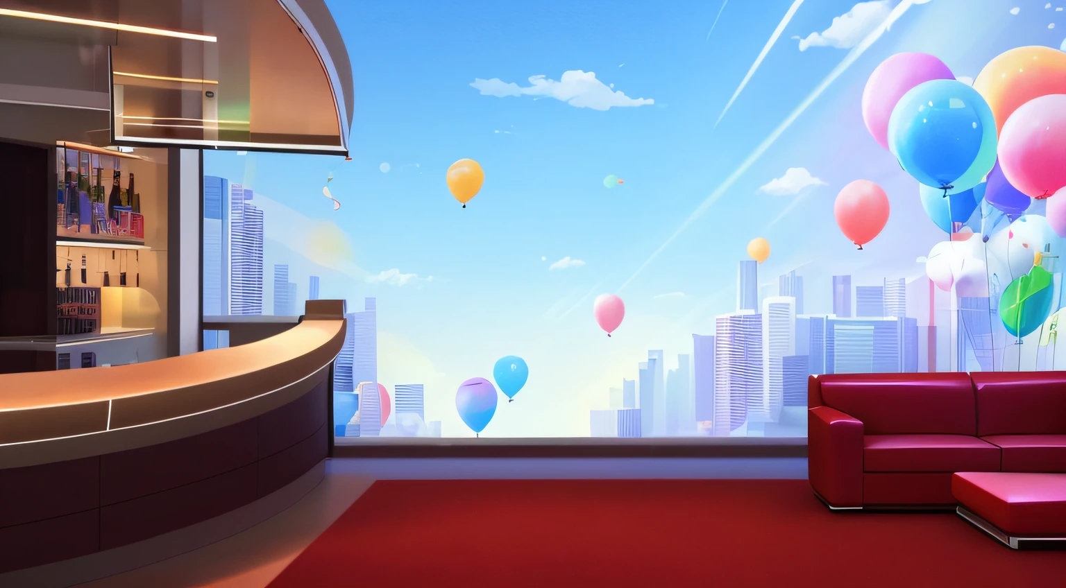 Here is an illustration of the anniversary scene。 See up close from the red-carpeted terrace,On the left side of the platform is the bar,On the right is a red leather sofa,Through the back of a large transparent glass window,This is the backdrop to the bustling city high-rises being celebrated,Blue skies,Colorful streamers and balloons of various colors float in the sky