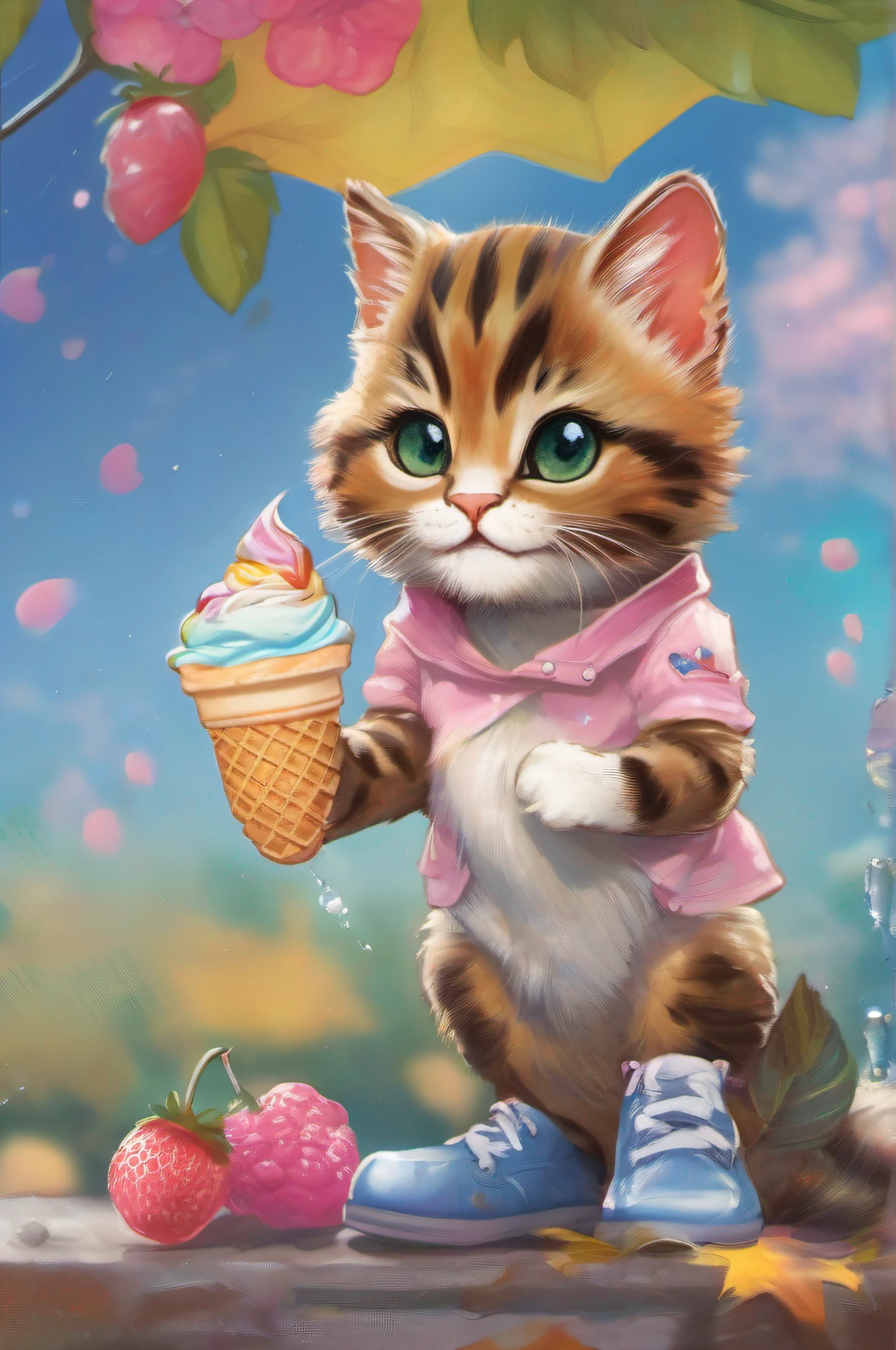 A chibi cat eating ice cream, in the style of artgerm, jerry pinkney, high resolution, dotted, loose and fluid,