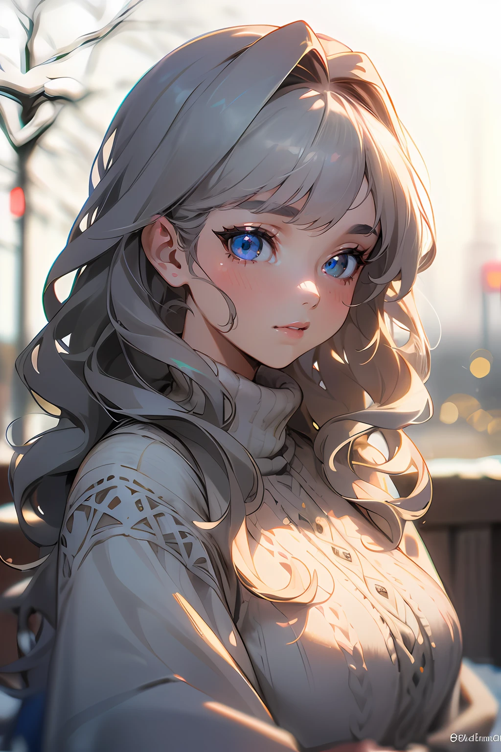 (masterpiece, best quality), intricate details, 8k, sharp focus, (bokeh) (best quality) (detailed skin:1.3) (intricate details) (8k) (detailed eyes) (anime) (perfect face) grey hair, blue eyes, wavy hair, medium hair, beautiful, modern, girl, bright, outdoors, winter, model, pose, fur, knitwear, mature, woman