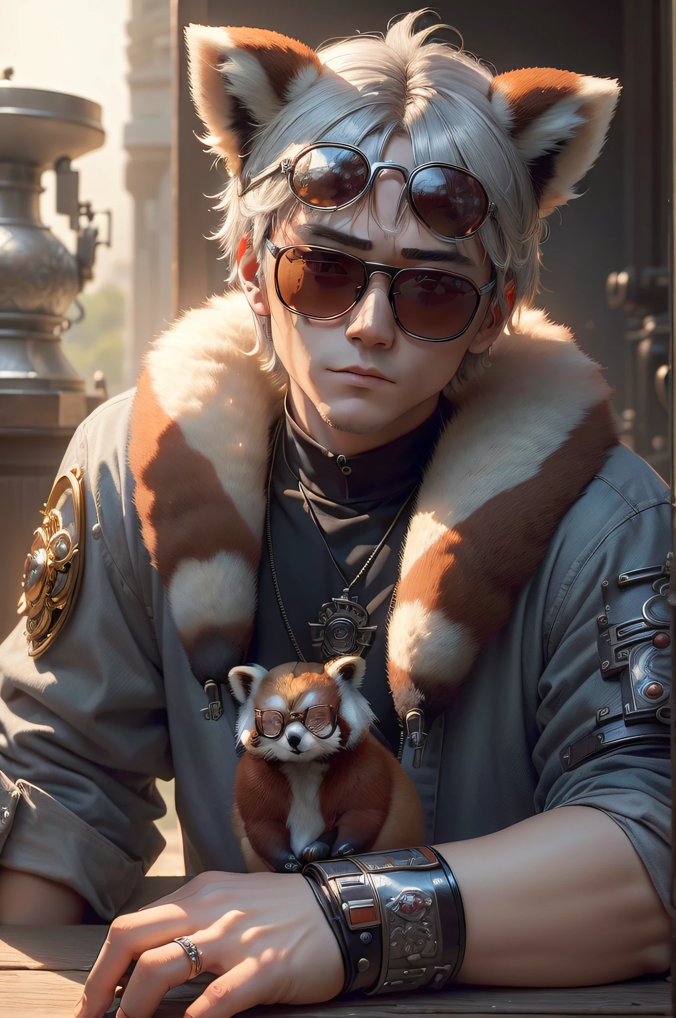 (Photorealsitic:1.4)、(masterpiece:1.3)、(top-quality:1.4)、超A high resolution、(1 neutral boy:1.2)、(Silver-haired red panda)、(cyborgs:1.2)、(Sunglasses with round glasses:1.1)、(One pair of glasses)、(cool:1.2)、(intricate-detail)、(intricate-detail、ultra-detailliert:1.2)、Cinematic shots