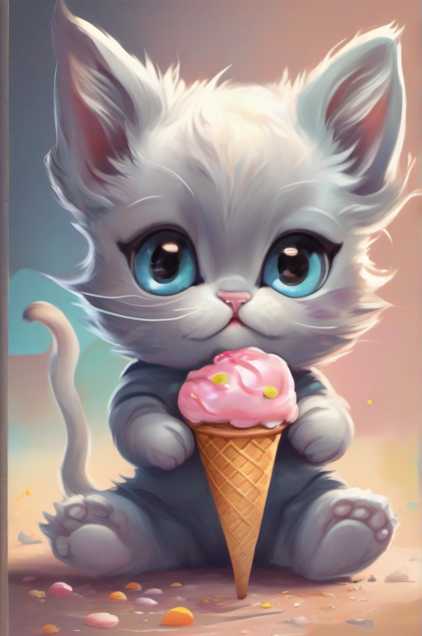 A chibi cat eating ice cream, in the style of artgerm, jerry pinkney, high resolution, dotted, loose and fluid,