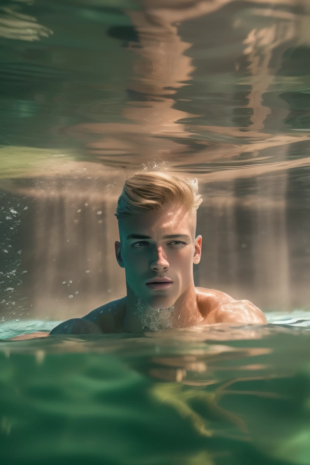 A fit handsome naked and muscular man, with short blonde hair, swimming powerfully underwater in a stunning pool