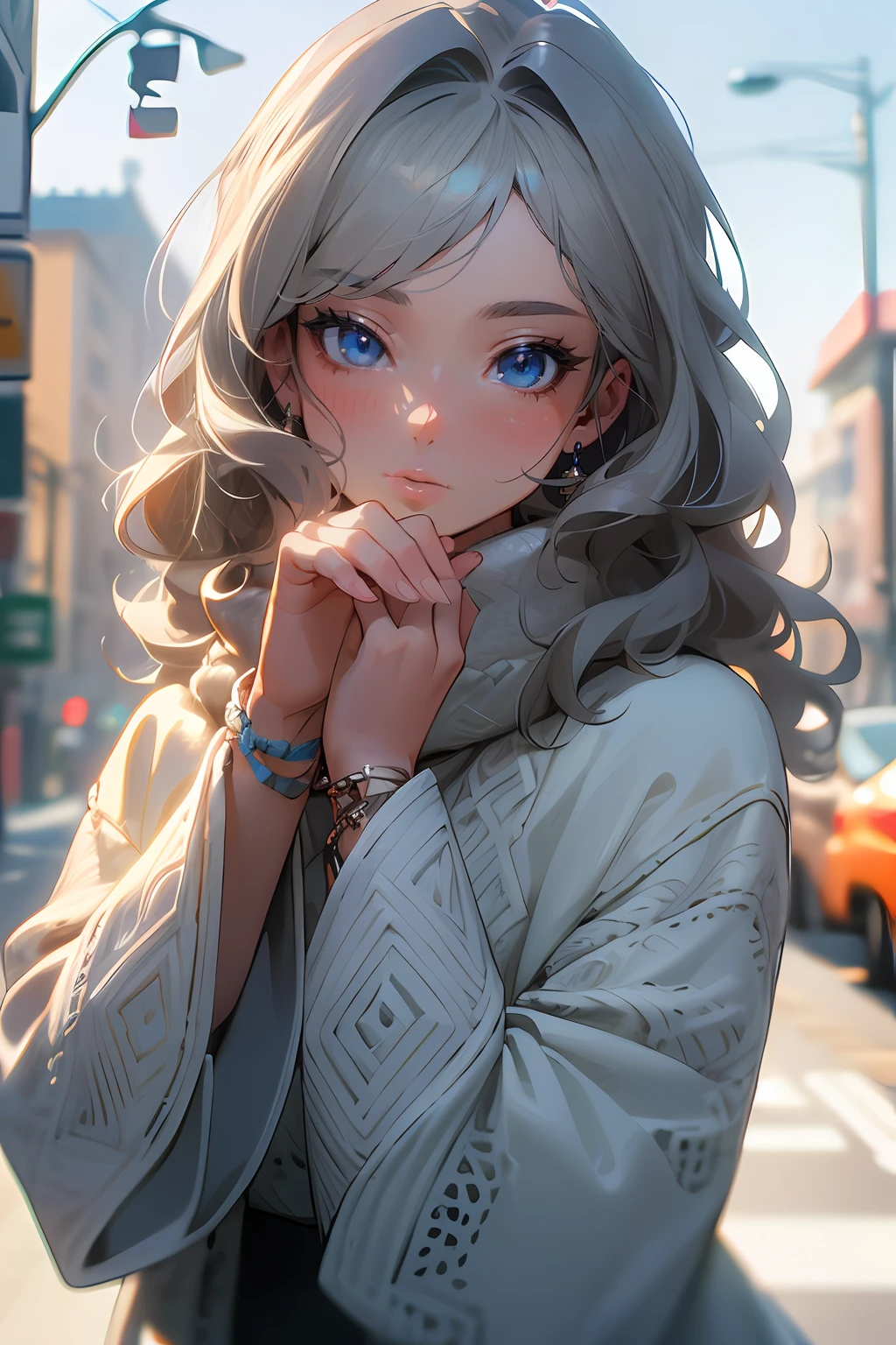 (masterpiece, best quality), intricate details, 8k, sharp focus, (bokeh) (best quality) (detailed skin:1.3) (intricate details) (8k) (detailed eyes) (anime) (perfect face) grey hair, blue eyes, wavy hair, medium hair, beautiful, modern, girl, bright, outdoors, winter, model, pose, fur, knitwear, mature, woman