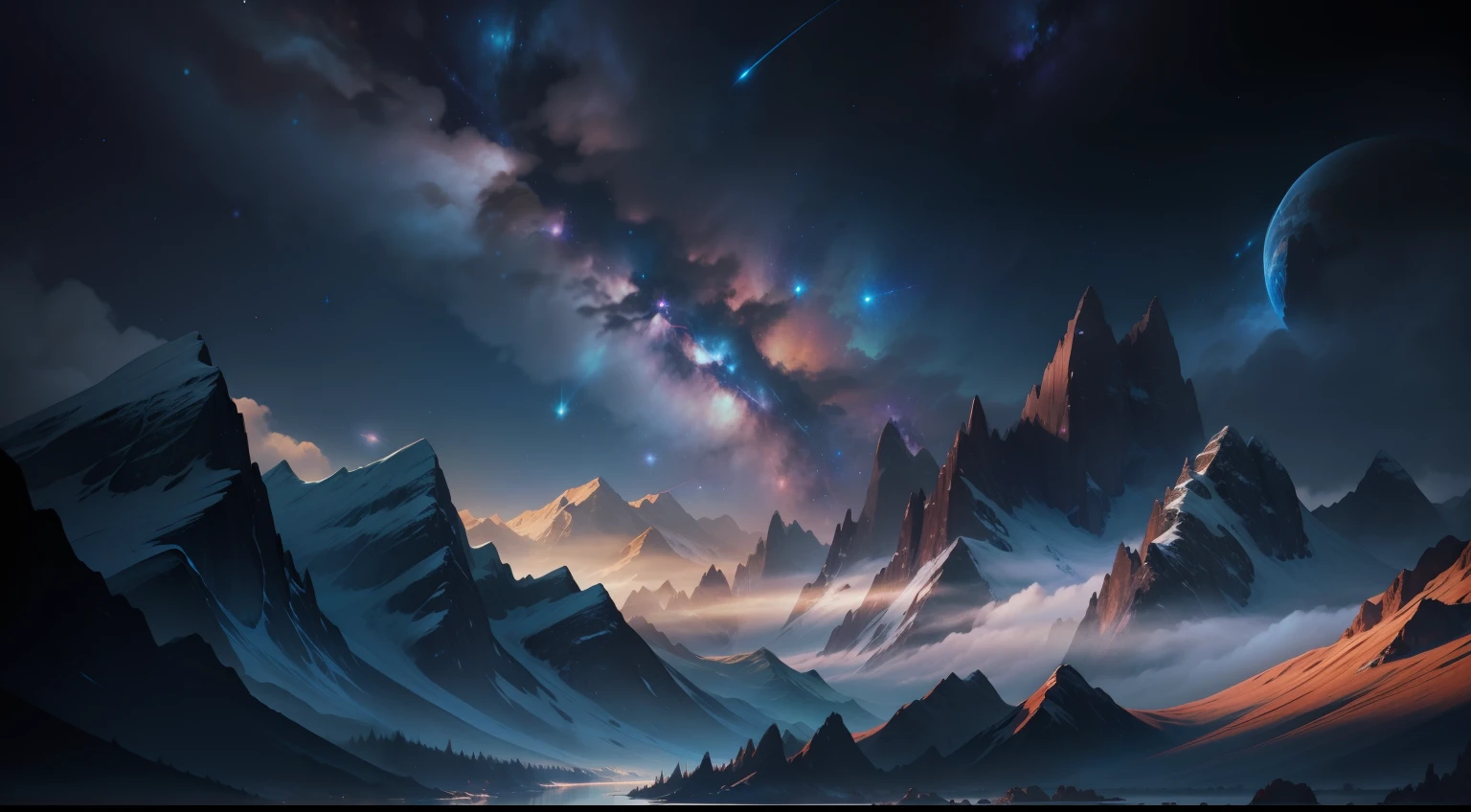 breathtaking mountain range, mesmerizing starry sky with flowing rivers and distant milky ways, astonishing galactic landscape, captivating sci-fi-inspired space artwork, incredibly intricate digital masterpiece, awe-inspiring cosmic scenery, (best quality), 4k, ultra-detailed, highly detailed