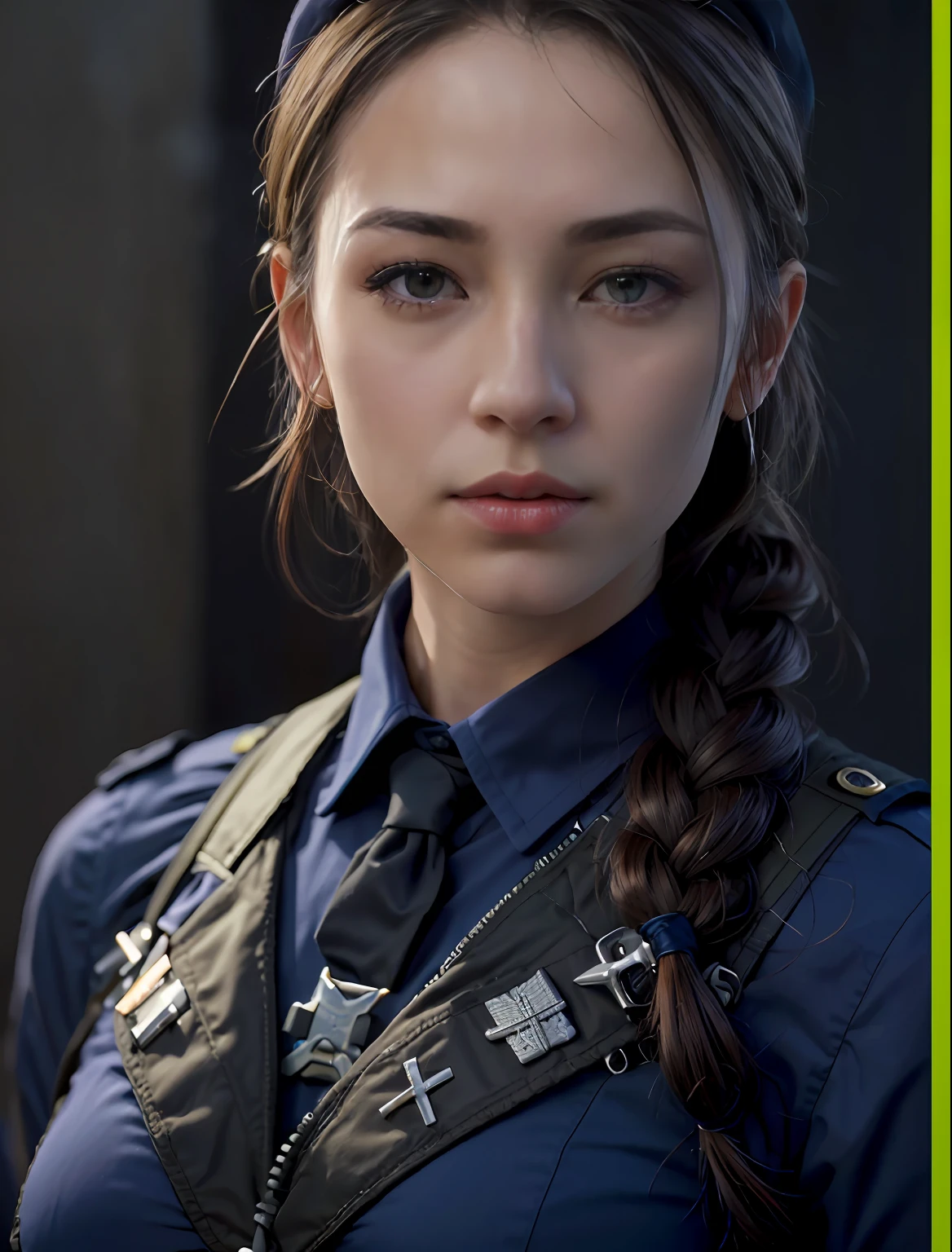 (8k, RAW photos, top quality, masterpiece: 1.2), (realistic, photorealistic: 1.37), (close up:1.5), (1 super beautiful girl), (slender and perfect figure), disheveled braid hair, professional lighting, photon mapping, (ultra detailed skin), (wearing dark blue nylon suit likes police uniform, military harness, yellow military beret), (normal breasts), ((bring machinegun)), serious, fires, smokes, destroyed buildings,