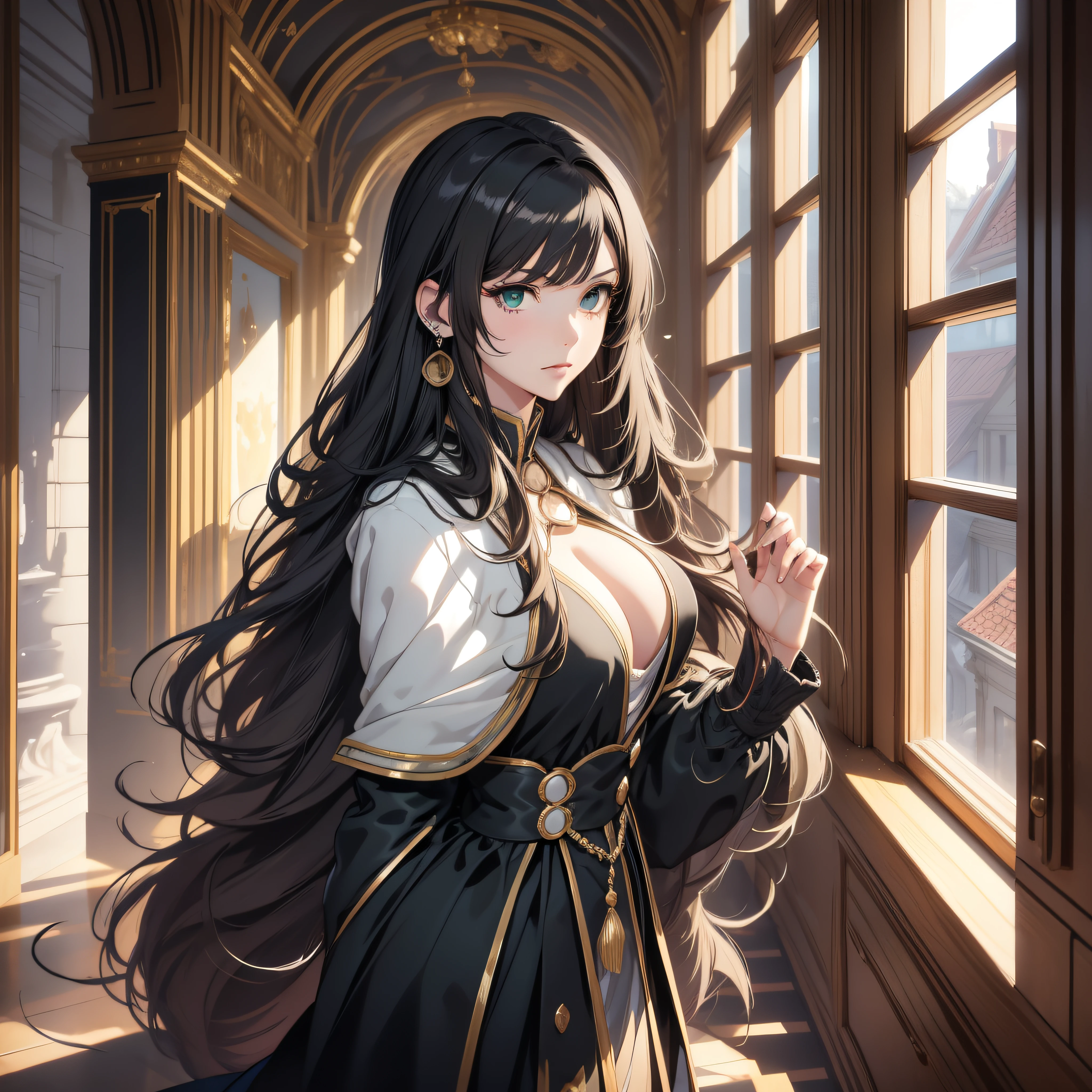 (best quality, masterpiece, ultra-detailed, extremely detailed, highres), (1girl, single, solo), 18 years old Anime girl, long raven hair, slightly wavy hair, parted bangs, cleavage, Magus, green eyes, earring, long black coat, white shirt, black skirt, aristocrat, noble attire, beautiful, ethereal, elegant, prestigious, classic, royal building, royal atmosphere