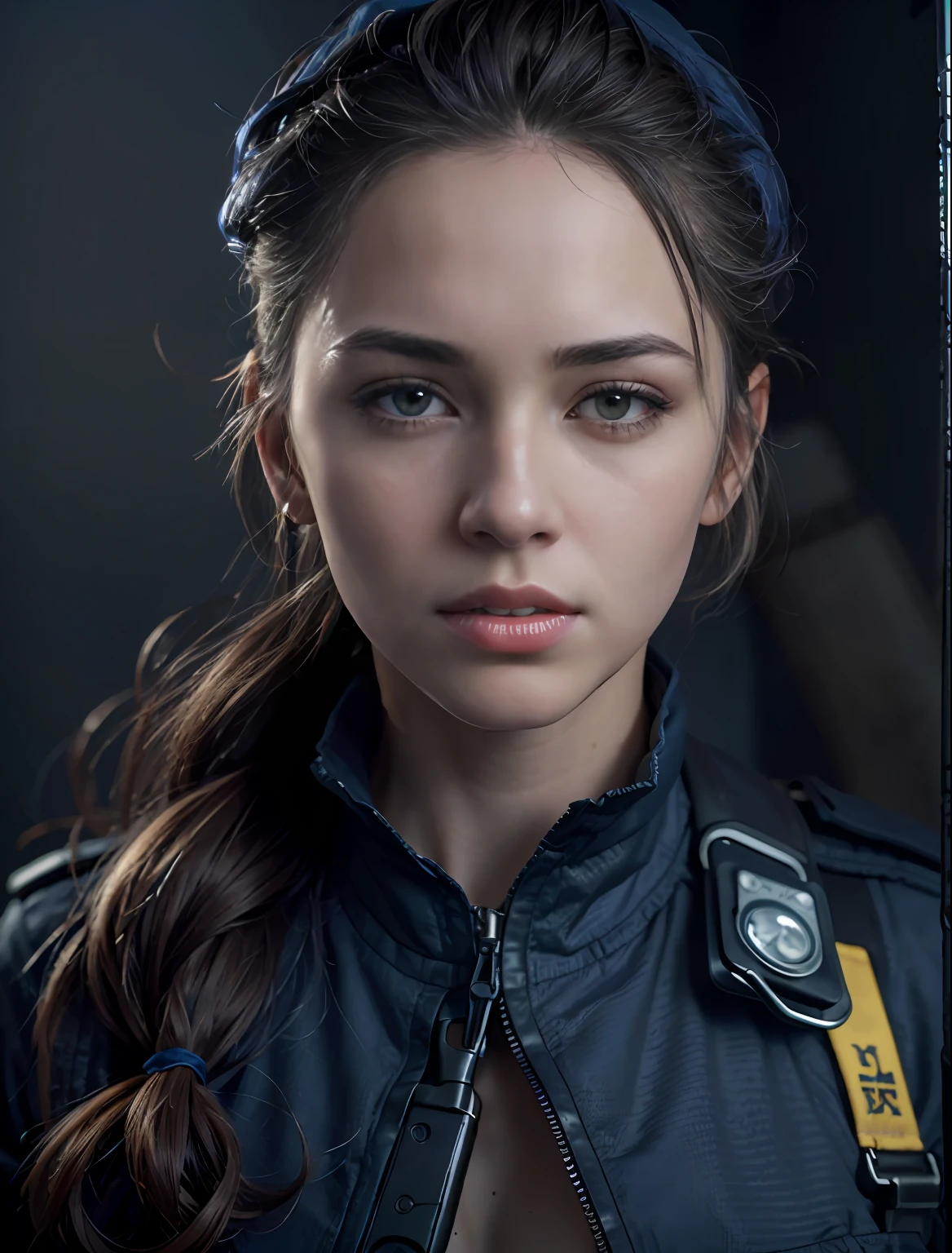 (8k, RAW photos, top quality, masterpiece: 1.2), (realistic, photorealistic: 1.37), (close up:1.5), (1 super beautiful girl), (slender and perfect figure), disheveled braid hair, professional lighting, photon mapping, (ultra detailed skin), (wearing dark blue nylon suit likes police uniform, military harness, yellow military beret), (normal breasts), ((bring machinegun)), serious, fires, smokes, destroyed buildings,