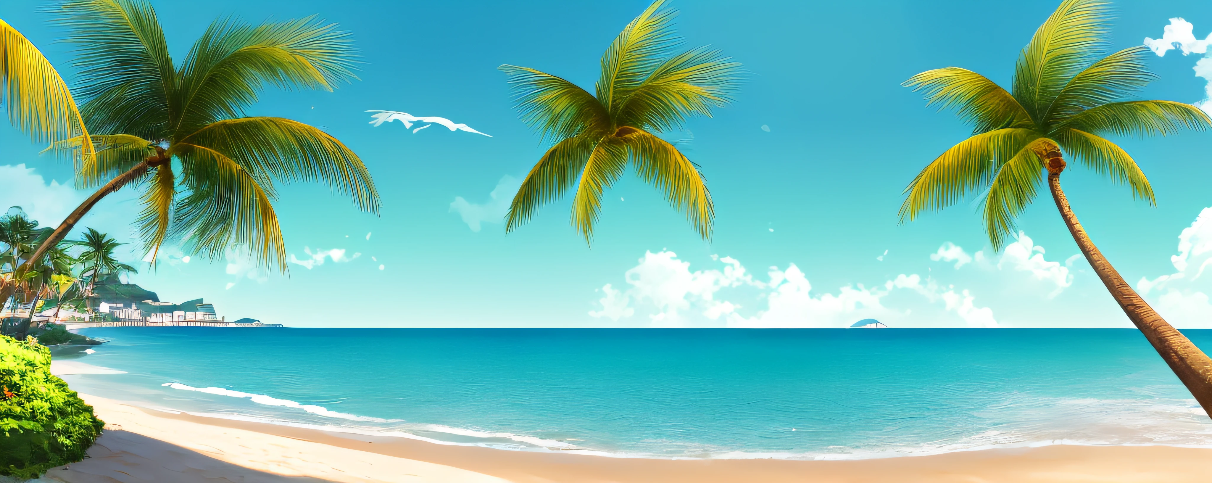 There is a palm tree on the beach,blue-sky, Detailed scenery —width 672, Beach background, seaside backgroud, mediterranean beach background, landscape of a beach, sunny day at beach, Seafront, long beach background, calm sea and beach background, Sea backgroun, Azure Ocean, anime backgrounds, high quality desktop wallpaper, wallpaper - 1 0 2 4