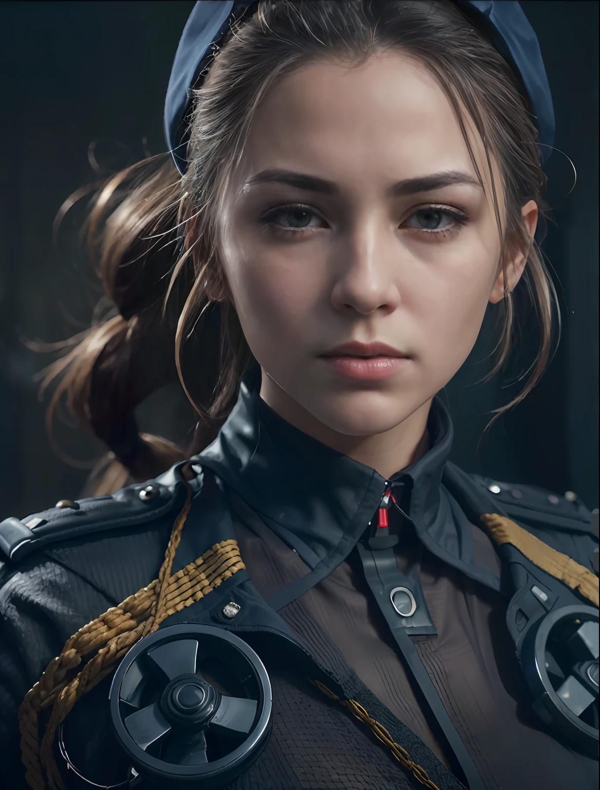 (8k, RAW photos, top quality, masterpiece: 1.2), (realistic, photorealistic: 1.37), (close up:1.5), (1 super beautiful girl), (slender and perfect figure), disheveled braid hair, professional lighting, photon mapping, (ultra detailed skin), (wearing dark blue nylon suit likes police uniform, military harness, yellow military beret), (normal breasts), ((bring machinegun)), serious, fires, smokes, destroyed buildings,