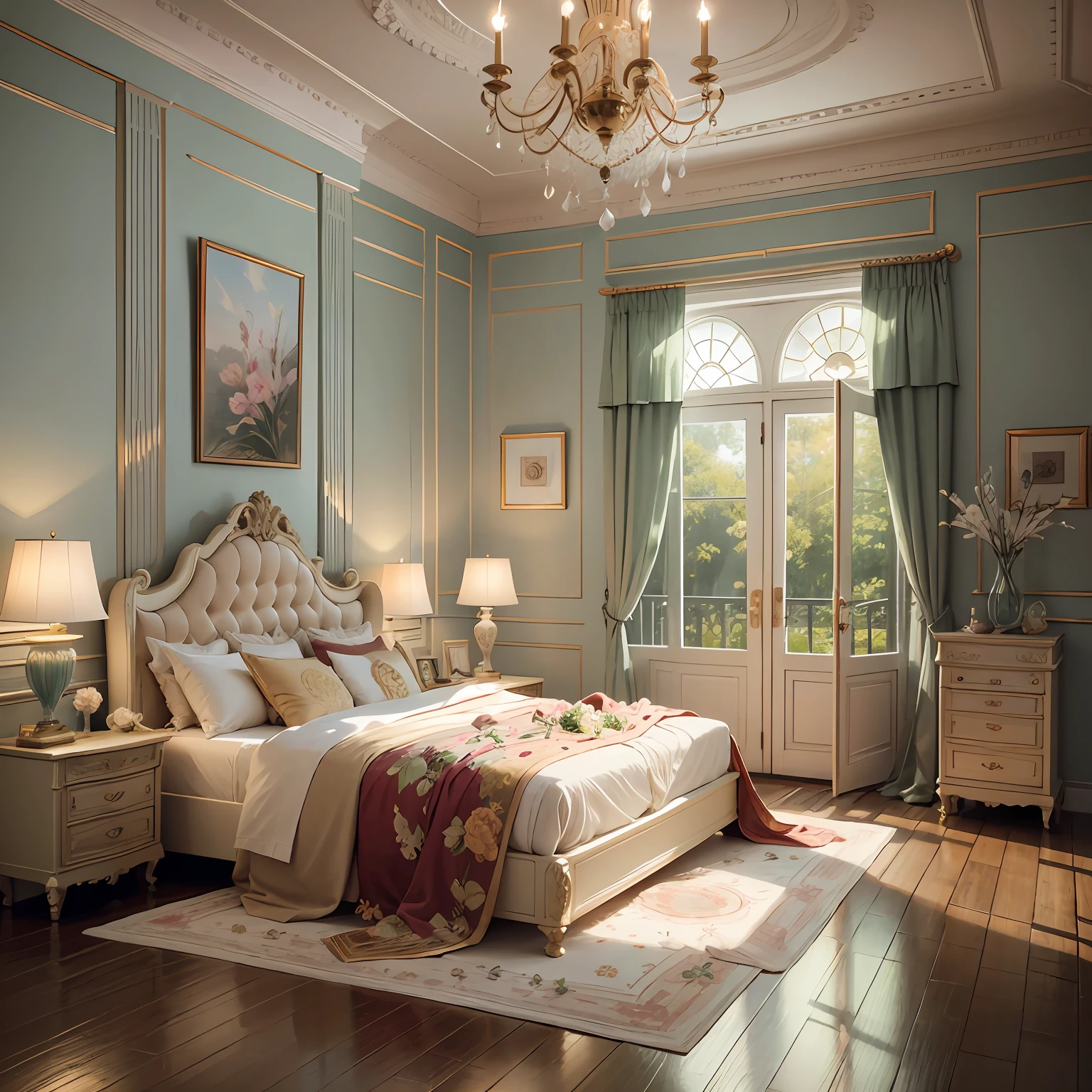 The whole room presents a noble and elegant atmosphere,Every detail exudes luxury and sophistication。 Sunlight shines through the windows on the soft fleece blanket,Bring a warm glow to the room。The floor beneath your feet is covered with soft and delicate carpets,You can feel the comfort of the soles of your feet every step。On the wall hangs a huge and ornate decorative painting,Painted with delicate flowers and gorgeous landscapes,Exudes an artistic touch。 The bed is the center of this room,It is wide and luxurious,Padded with golden silk bedding。At the head of the bed is a pair of delicate night lights,The warm and soft light makes the whole room look more inviting。On the night table next to the bed was a glass of champagne and a hardcover book,It gives you a little relaxation and enjoyment。 Facing the bed is a wide floor-to-ceiling mirror,The mirror is surrounded by delicate ornaments,Reflected in every corner of the room。Next to the mirror is a fine dresser,Cosmetic boxes and perfume bottles encrusted with precious gemstones are placed on it,It makes people feel endless gorgeousness。 In the corner of the room is a comfortable lounge chair,There is a small coffee table next to it,It is lined with delicate tea sets and fresh fruits。It is a corner where people can relax and rest,You can enjoy a moment of peace and ease here。 The whole room is filled with a light aroma,I don't know if it's a flower from the room or a high-end aromatherapy。Meticulous decorations、The luxurious furnishings and luxurious furnishings all show the owner's pursuit of taste and comfort。 In this luxurious bedroom,You feel endless dignity and elegance,Every detail exudes opulence and luxury,It makes you feel as if you are in a dream world