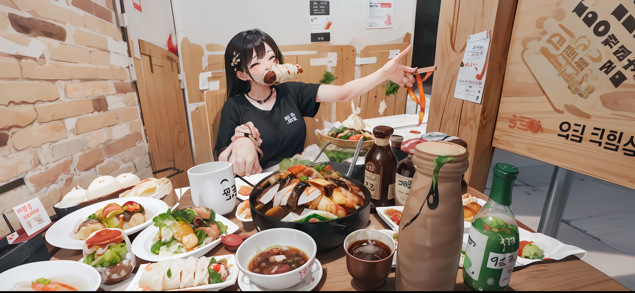there is a woman sitting at a table with a bunch of food, mukbang, 🤬 🤮 💕 🎀, korean supper, yummy, photo taken in 2 0 2 0, eating, bbwchan, ❤🔥🍄🌪, 😭 🤮 💕 🎀, korean woman, like jiufen, けもの, 4 k post