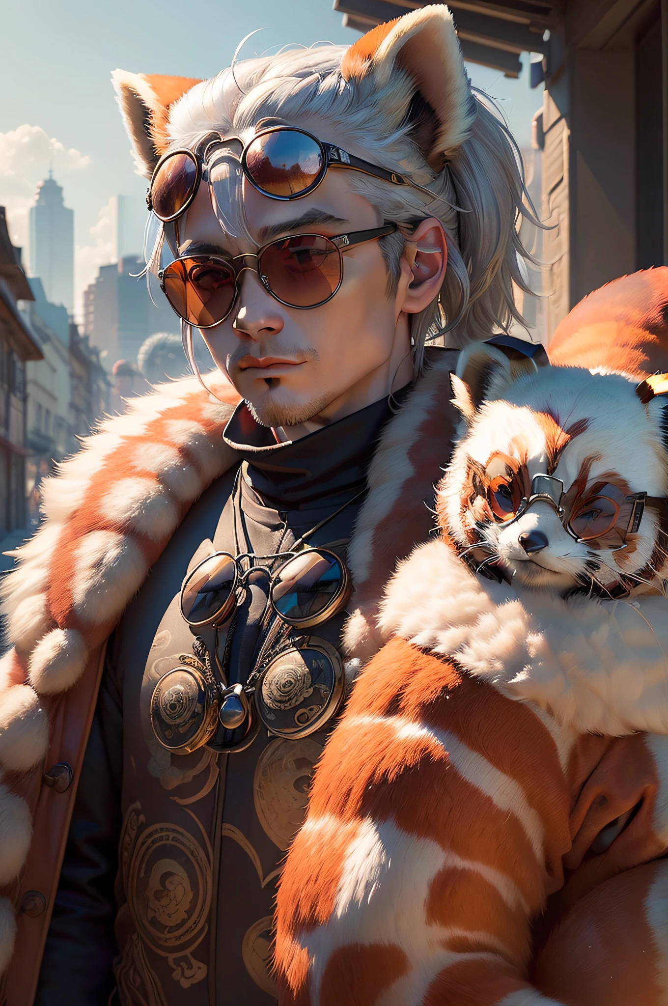 (Photorealsitic:1.4)、(masterpiece:1.3)、(top-quality:1.4)、超A high resolution、male people、(Silver-haired red panda)、(cyborgs:1.1)、(Sunglasses with round glasses:1.3)、(One pair of glasses)、(cool:1.2)、(tail)、(intricate-detail)、(intricate-detail、ultra-detailliert:1.2)、Cinematic shots、From diagonally front