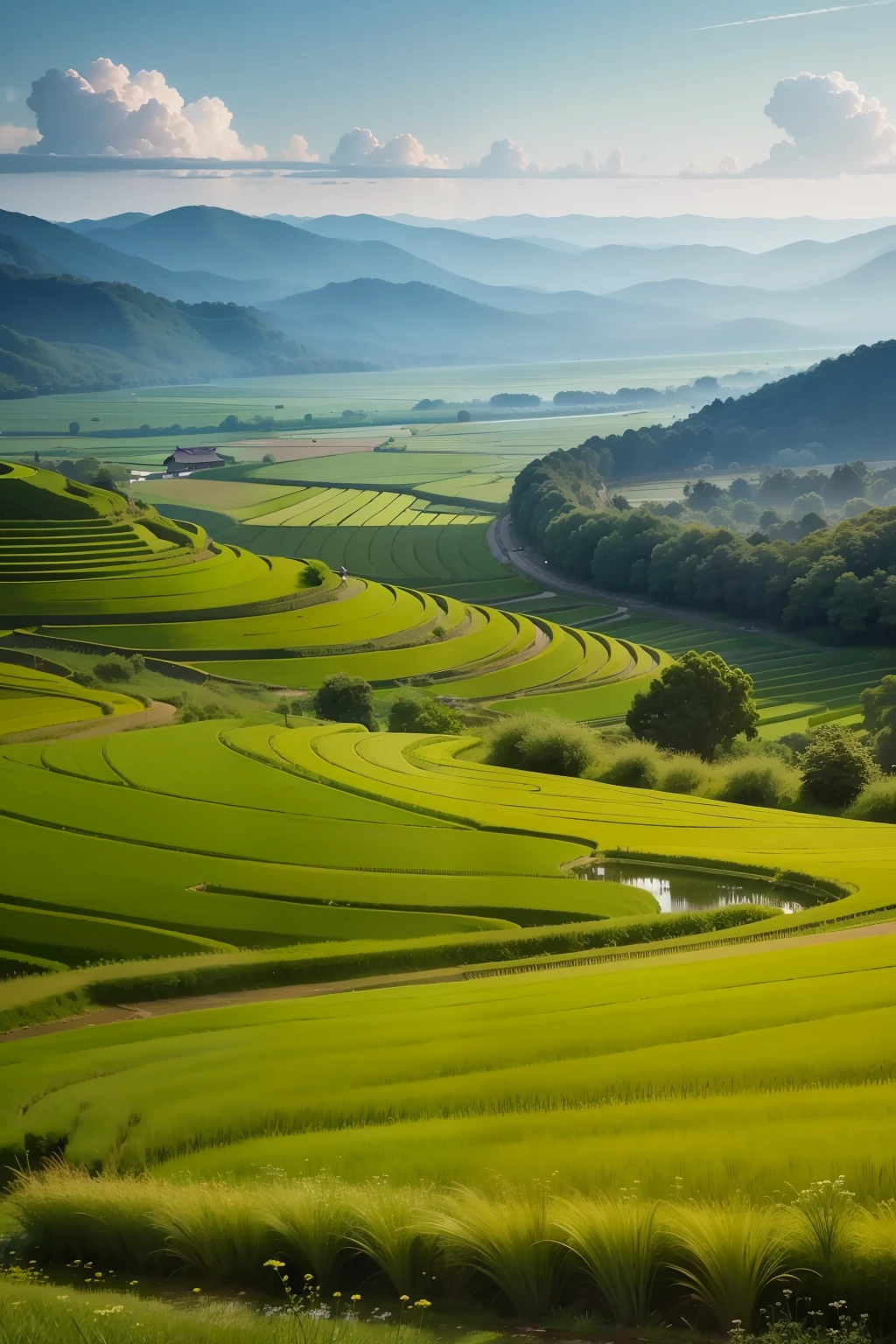 Green rice paddies,In the distance are rolling woods and meadows,Nearby are scattered small wildflowers