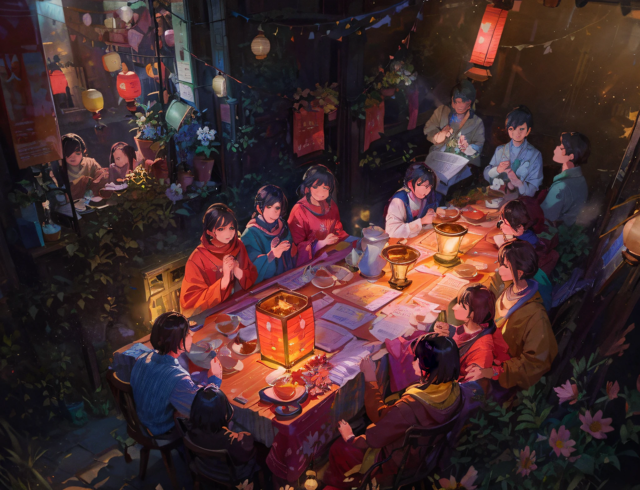 People sat around a table，There are candles and flowers on the table, Bless the soil at night, photo taken at night, Morning glow, beautifully lit, lit up, celebrating, Warm glow, DOA, As night fell, set at night,  photograph taken in 2 0 2 0, tea drinking and paper lanterns, The crowd prayed, light glow, The three people in the upper right corner are bragging