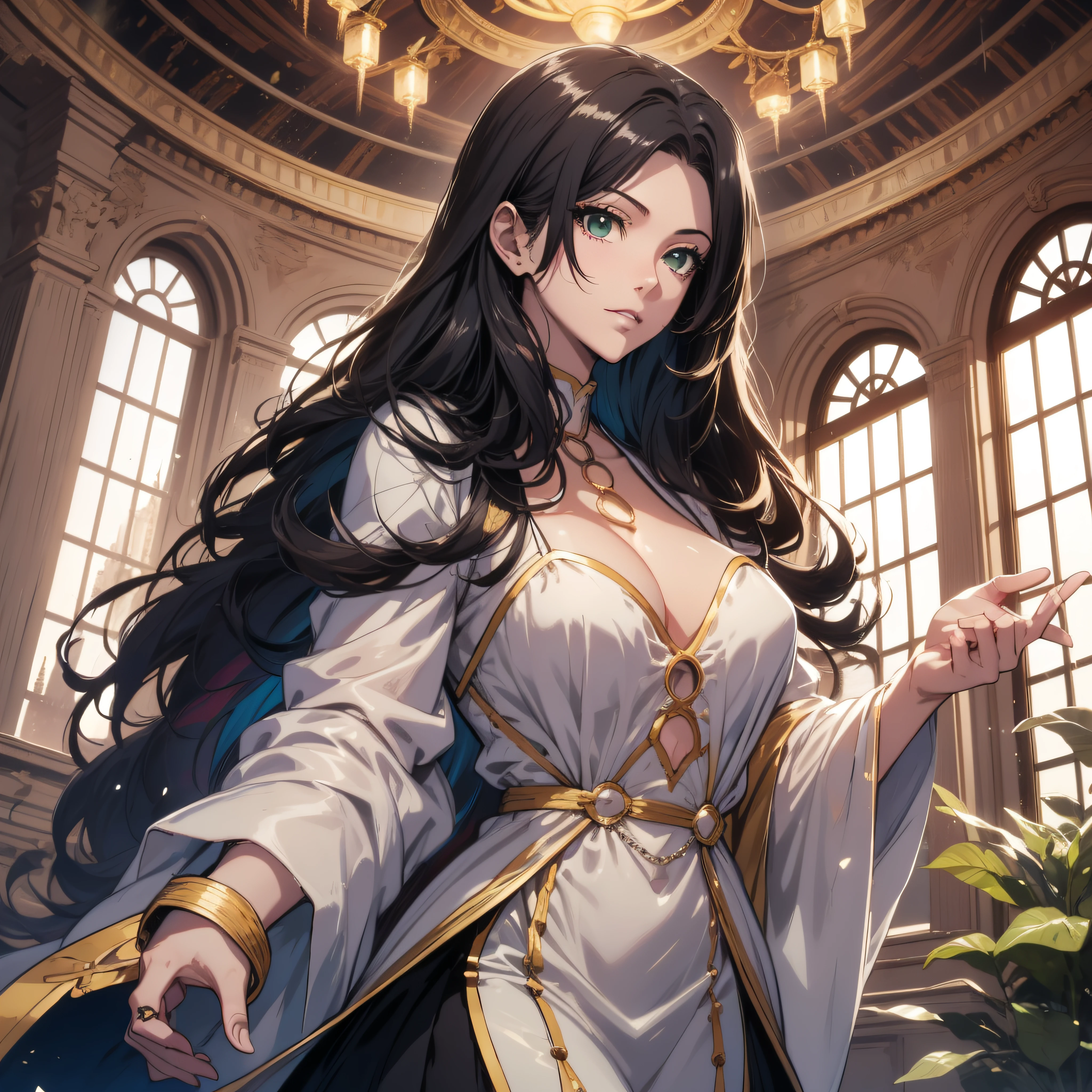 (best quality, masterpiece, ultra-detailed, extremely detailed, highres), (1girl, single, solo), 18 years old Anime girl, long raven hair, slightly wavy hair, parted bangs, cleavage, Magus, green eyes, long black coat, white shirt, black skirt, aristocrat, noble attire, beautiful, ethereal, elegant, prestigious, classic, royal building, royal atmosphere