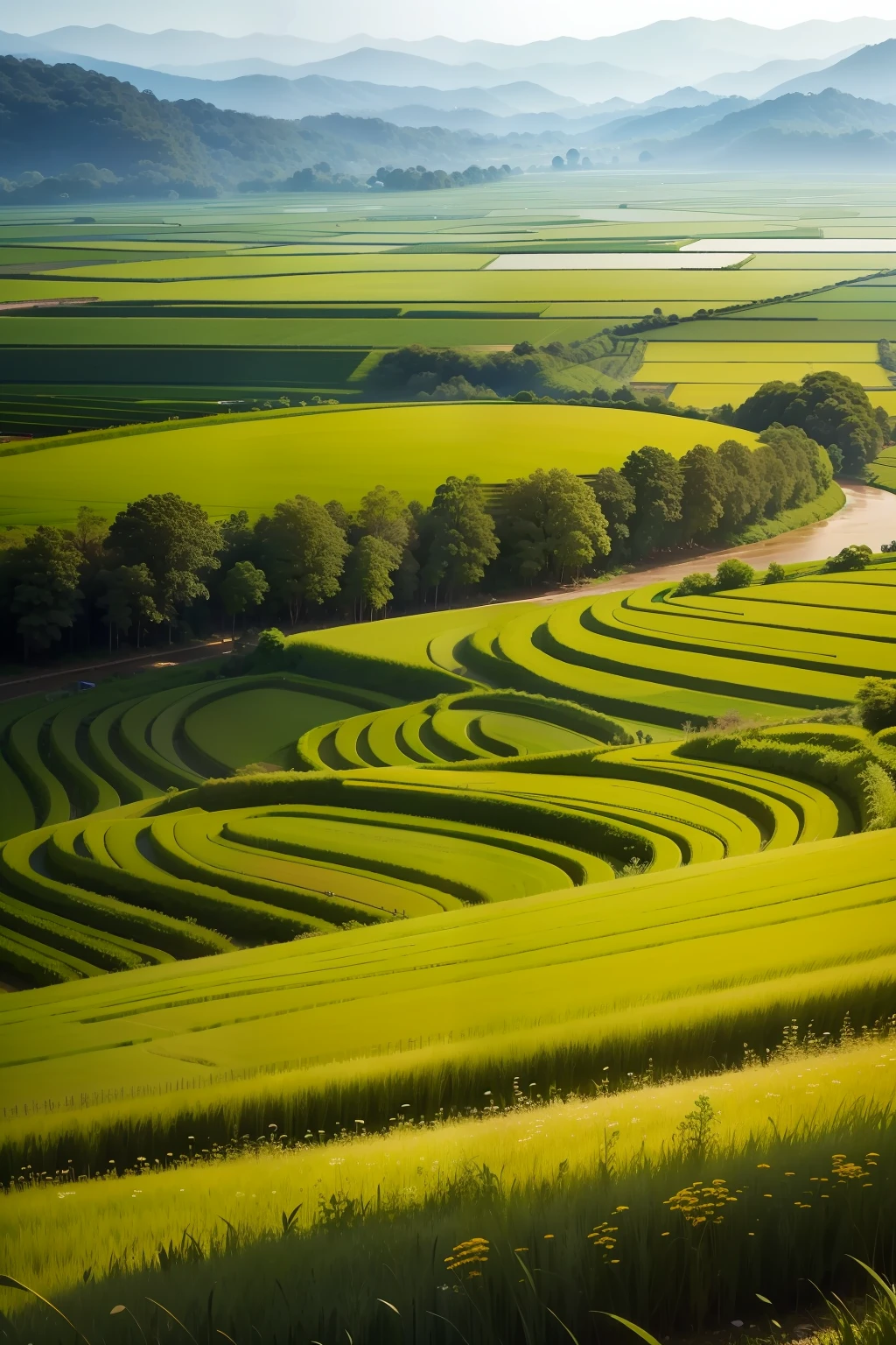 Green rice paddies，In the distance are rolling woods and meadows，Nearby are scattered small wildflowers