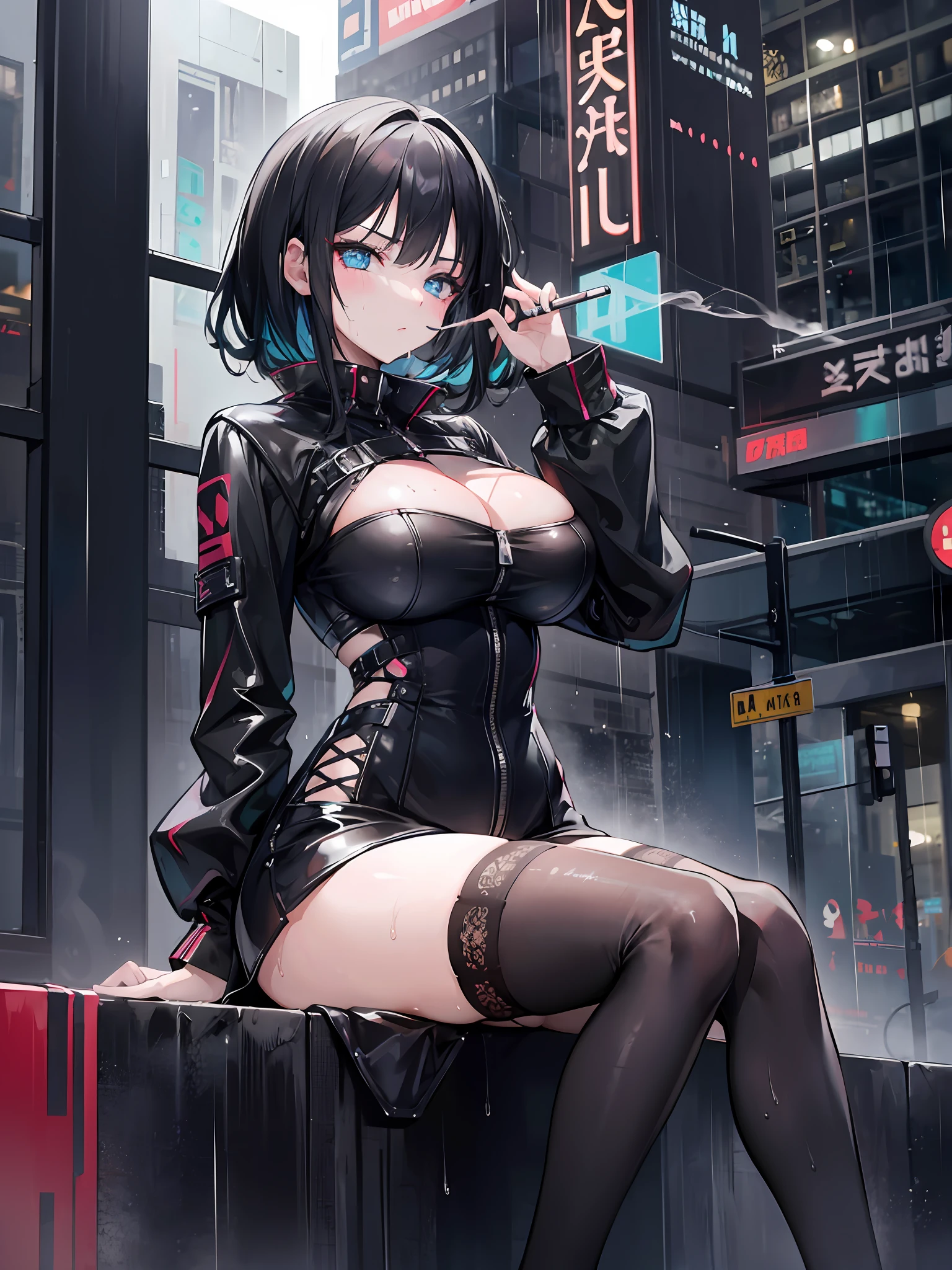 1girl, rain, city, sitting, black hair, cuberpunk outfit, smoking, 8k, ultrasharp, masterpiece, wet, sexy, beautiful, hot, wearing stockings, cigeratte, big boobs, disgusted face
