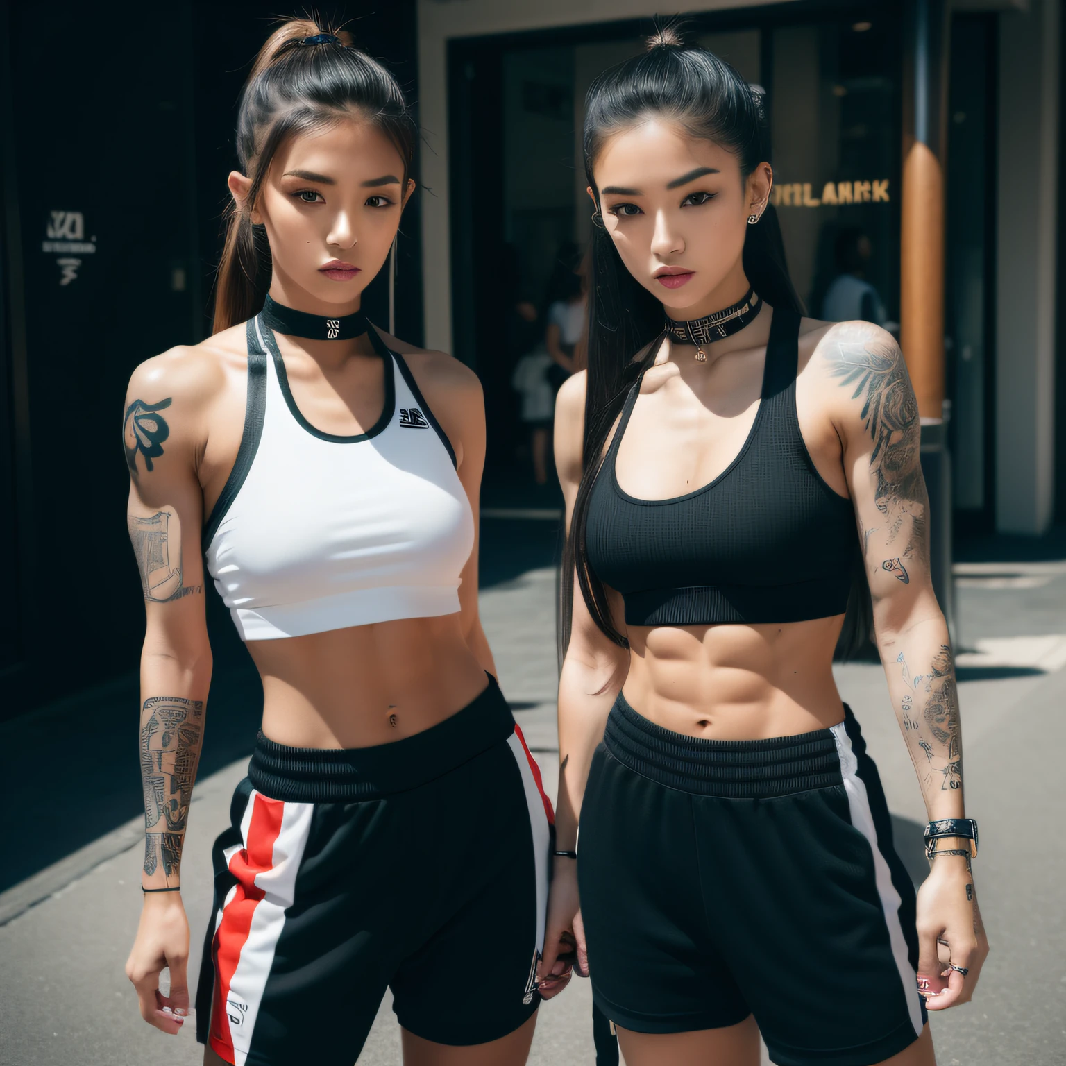 best quality, masterpiece, highres, 1girl, Beautiful face, photorealistic, 8k, UHD, long hair, ponytail, arm tattoos, tattooed, toned abs, sweat, Asian, female, muscular biceps, choker, dark skin, street wear, wearing streetwear, busy street, (high detailed skin:1.2), 8k uhd, dslr, high quality, candid, Photograph, high resolution, 4k, 8k, alone, one girl, streetwear, she is wearing streetwear, woman in streetwear