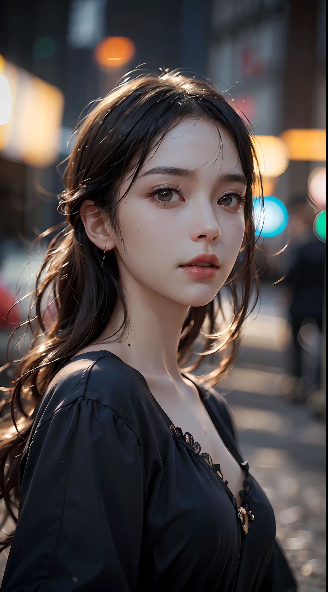 (8K, RAW photo, Best quality, Master:1.4), 超高分辨率, (Realistic, photo-realistic:1.48),Omertosa,1girll,(Kpop idol), (aegyo sal:1), (Super bokeh night in the heart of the city：1.25）、Background bokeh、the night、traffic light、road signs、Sateen、after rainny、soggy、profesional lighting、Detailed lighting、Photon maps、Radio City、physically-based renderingt、Contre-Jour、depth of fields、natural  lightting, hardfocus, filmgrain, shot from a far distance, a professional shot of, Shot with Sony a9 II mirrorless camera, Detailed eyes, photorealistic eye, detailed shadow, Look sideways, full bodyesbian，Detailed lighting, a skirt, Black dress, long leges,（Delicate hair，photo-realistic hair，Luzes Realistas，realistic shaded，realistic dress），Realistic skin，Realistic light reflections from above，（（Arm on the back）），（Hands behind your back） ,Bandeau