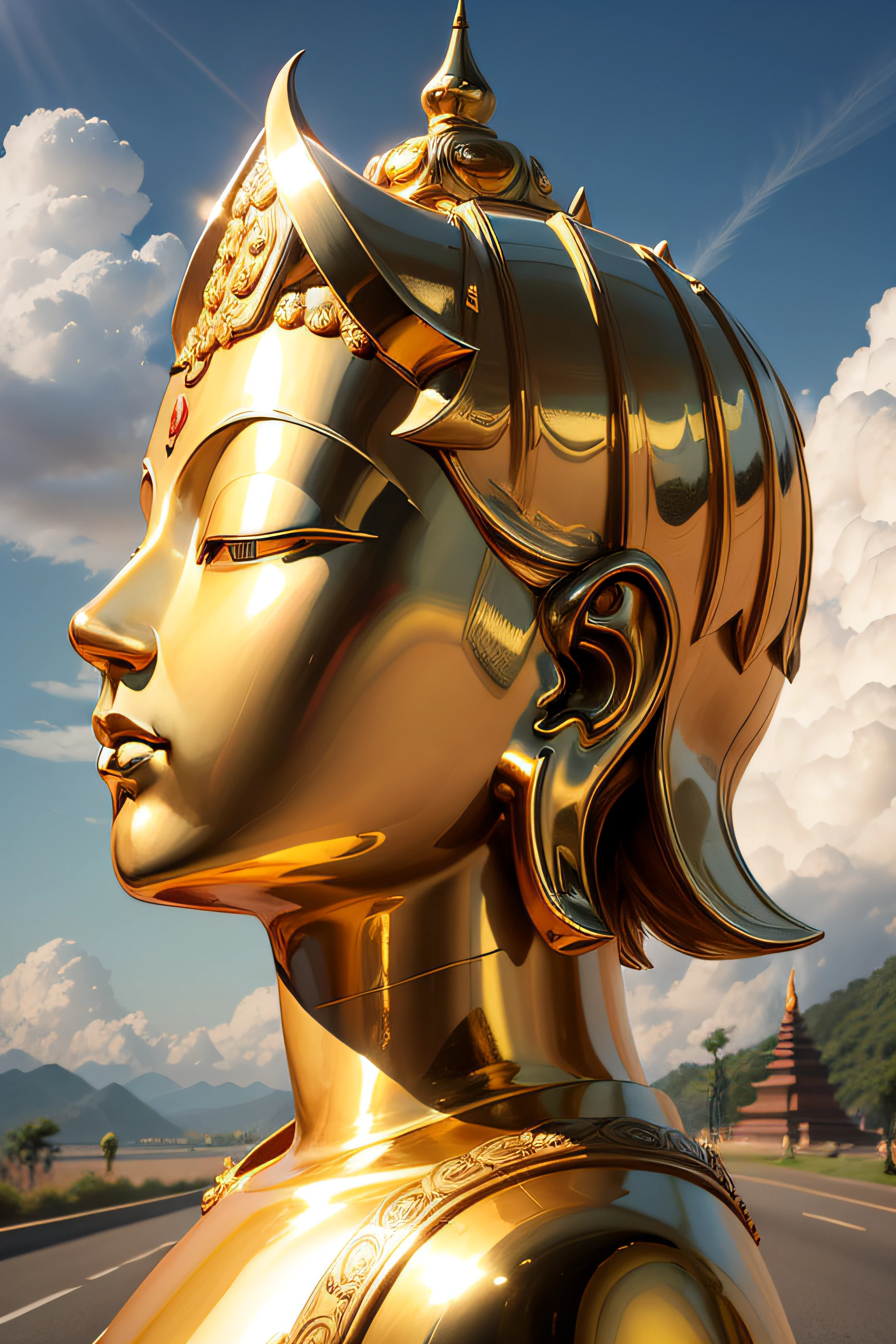 Face left,90 degrees from the side,90 degrees from the side,90 degrees from the side,There is a golden Buddha statue in the clouds,90 degrees from the side,with blue sky and white clouds, head portrait ,male people,a Buddhist Buddha, Buddha, Buddhist, Buddhism, beautiful gold saint, Thai, Beautiful image, gold, enlightening, samsara, Asian, sculpture made of gold, Cloud, depicted as a 3 d render, thailand, buddhist art, leaked image, On the road to enlightenment, On the road to enlightenment