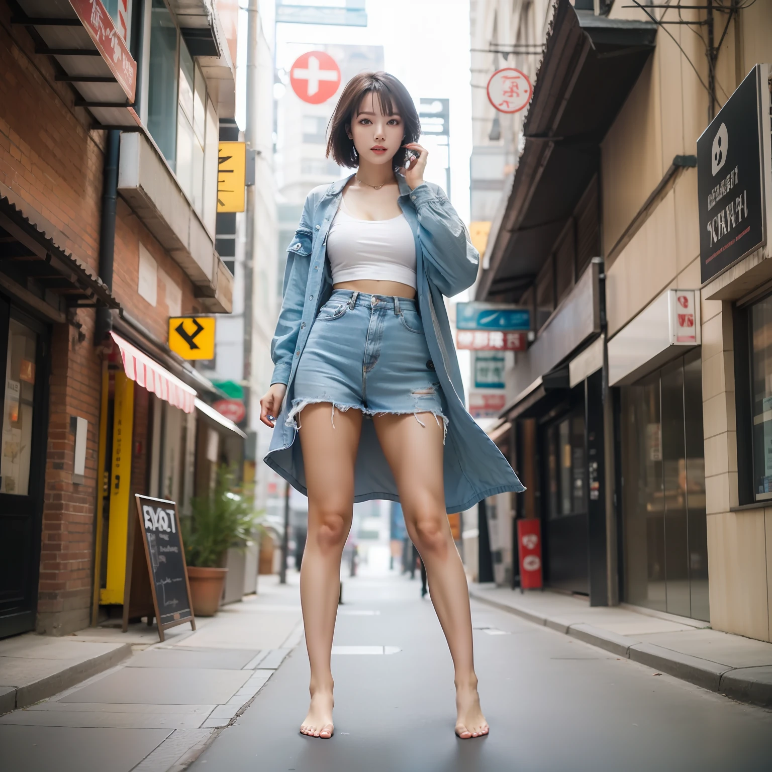 8k,best qualtiy,An Asian woman,eye makeup,Sexy girl,Barefoot,Full body photo,street