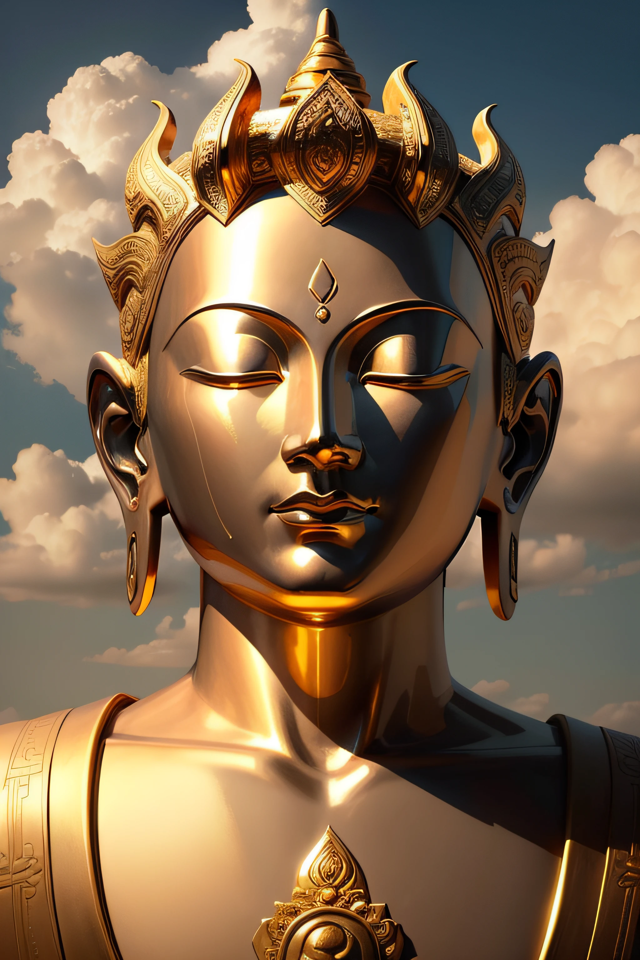 90 degrees from the side，90 degrees from the side，90 degrees from the side，There is a golden Buddha statue in the clouds，90 degrees from the side，with blue sky and white clouds, head portrait ，male people，a Buddhist Buddha, Buddha, Buddhist, Buddhism, beautiful gold saint, Thai, Beautiful image, gold, enlightening, samsara, Asian, sculpture made of gold, Cloud, depicted as a 3 d render, thailand, buddhist art, leaked image, On the road to enlightenment, On the road to enlightenment