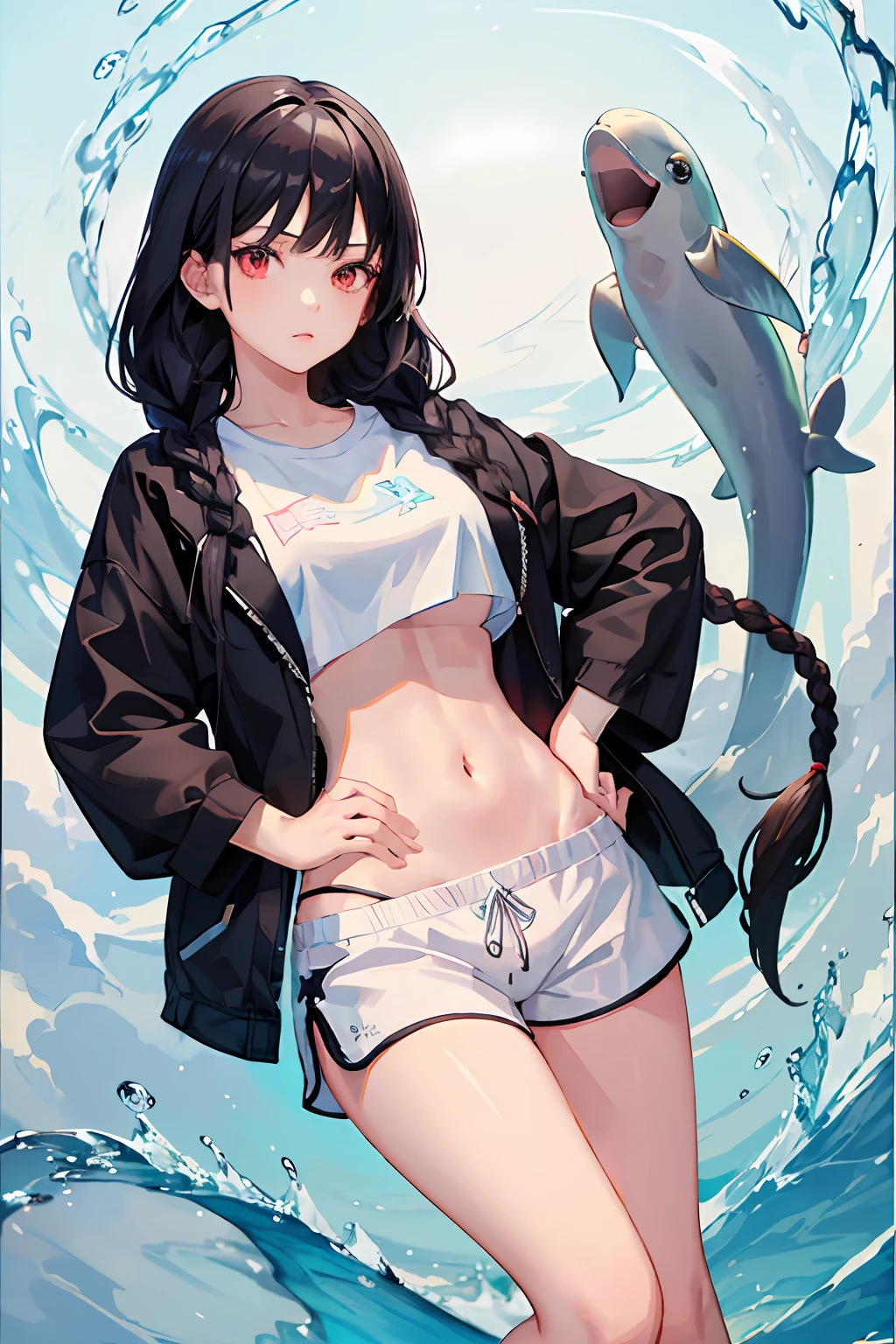 1 girl, black hair, red eyes, navel, looking at the audience, hands on hips, black jacket, dolphin shorts, groin, (white shirt: 1.2), braids, very long hair, wide hips,
Lower chest, shirt,
large \ (body proportions\),
