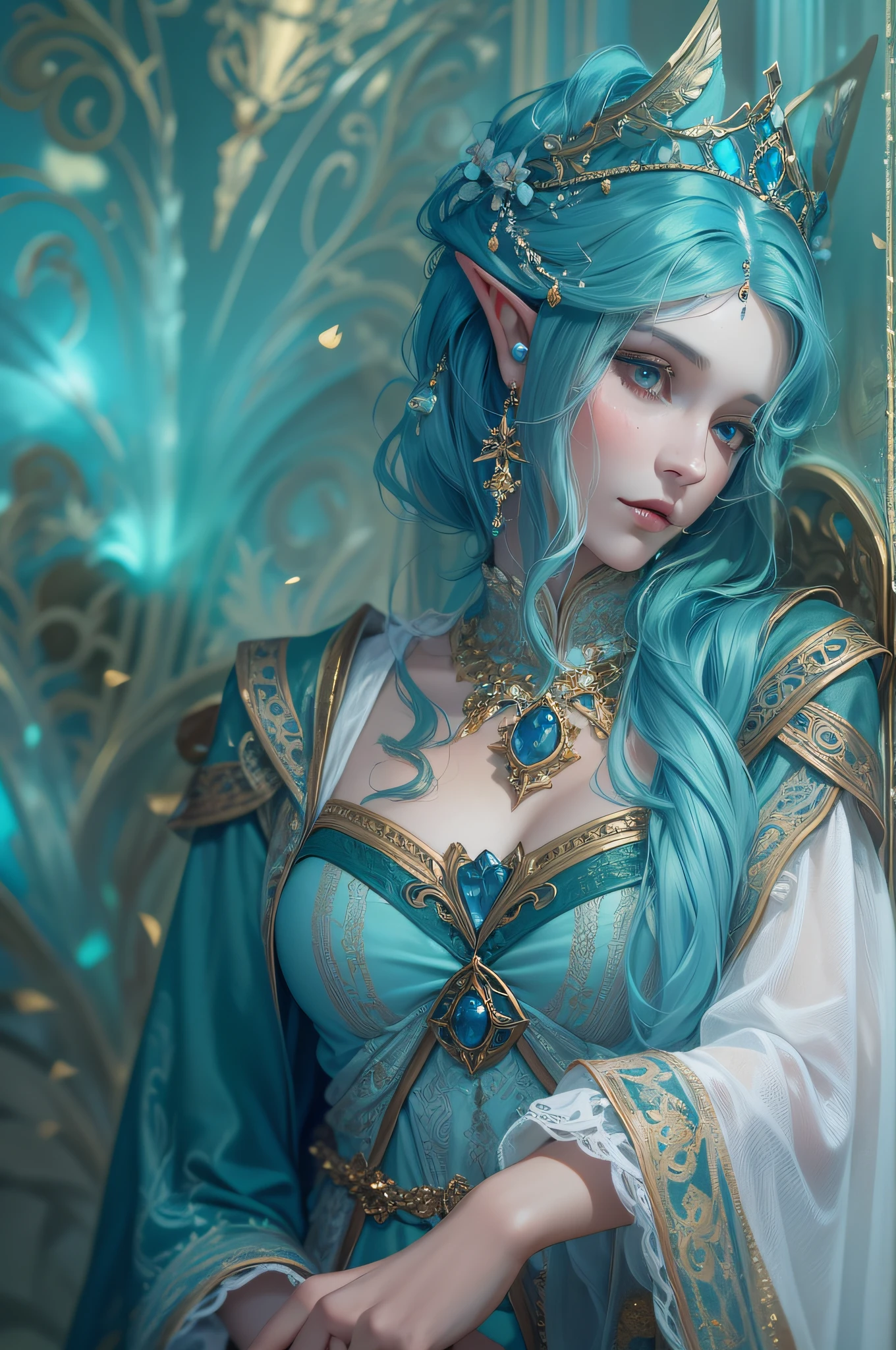 Close up portrait of blue-haired woman in blue dress, very beautiful elven top model, beautiful and elegant elf queen, beautiful elven princess, blue elf, very beautiful elf portrait, beautiful and elegant female elf, elf princess, ornate cosplay, Elven Princess, beautiful elf with ornate robes, portrait of an elf queen, closeup fantasy with water magic