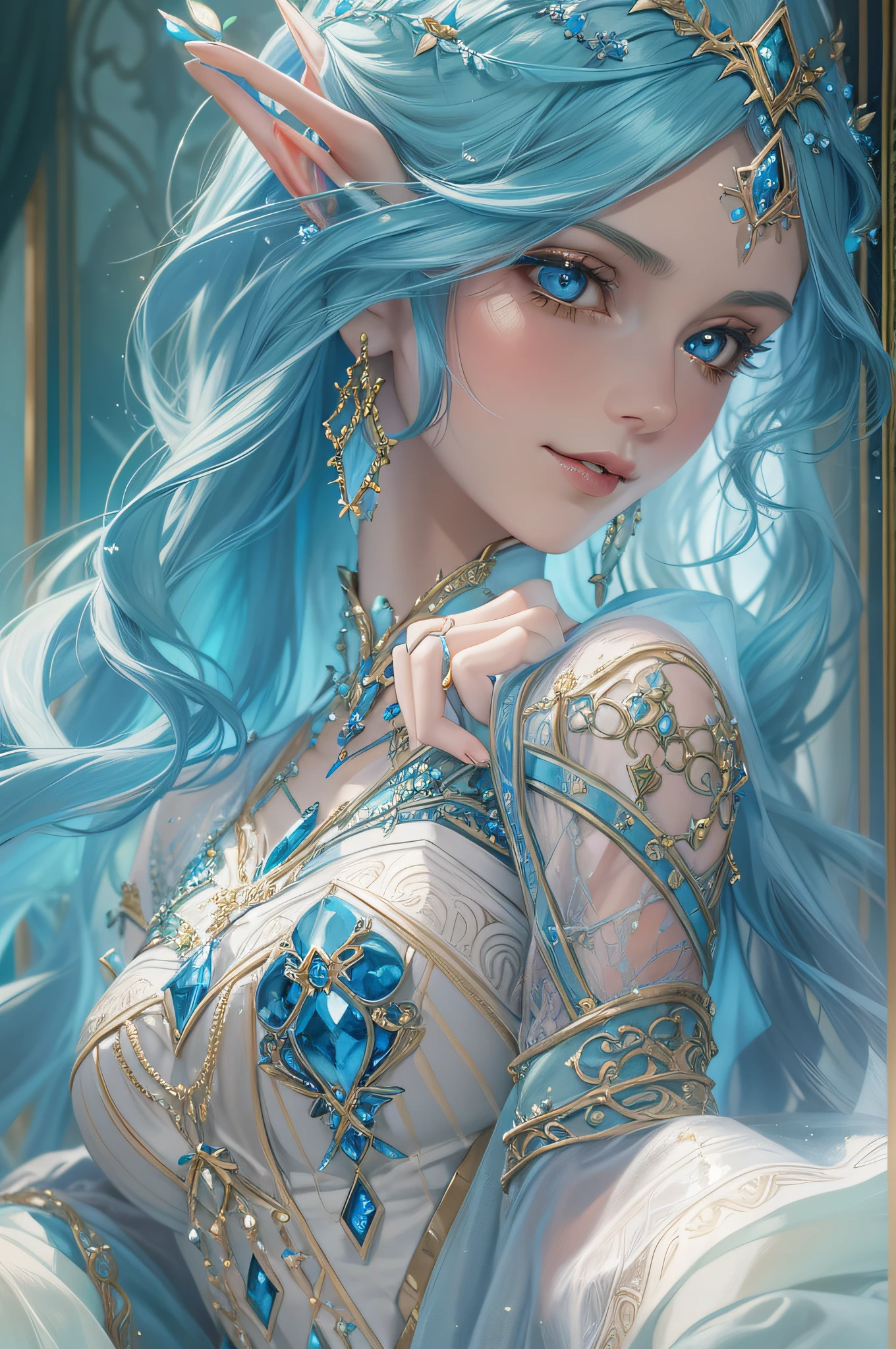 Close up portrait of blue-haired woman in blue dress, very beautiful elven top model, beautiful and elegant elf queen, beautiful elven princess, blue elf, very beautiful elf portrait, beautiful and elegant female elf, elf princess, ornate cosplay, Elven Princess, beautiful elf with ornate robes, portrait of an elf queen, closeup fantasy with water magic