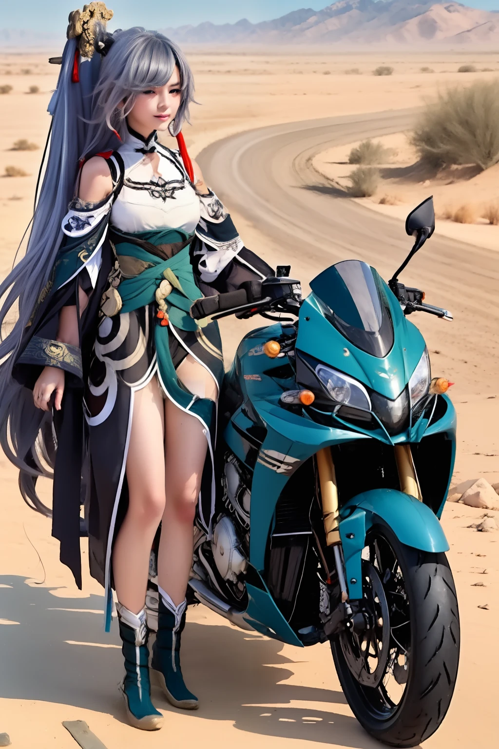 on the desert，A beautiful girl in a Tang dynasty costume drives a racing motorcycle。