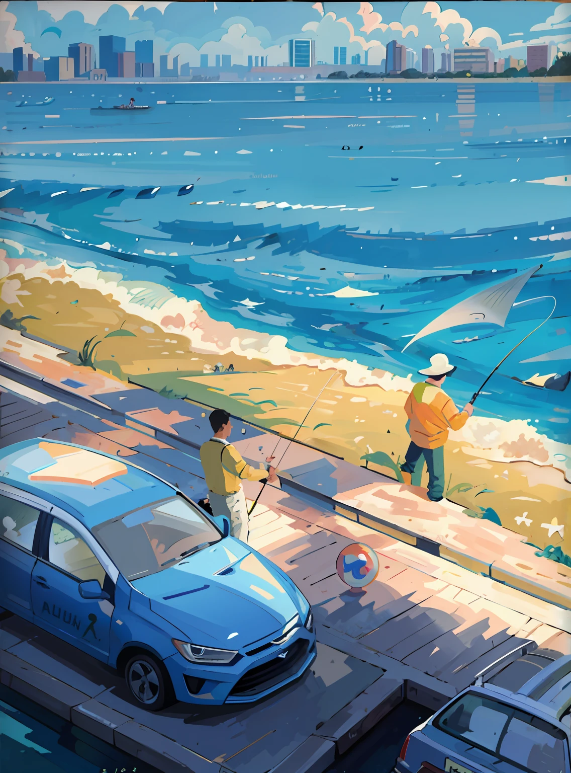 (8K, Best quality, Masterpiece:1.2), (Flat cartoon style，illustratio) A man stands in the water on the shore with a fishing rod，There are cars parked on the side of the road，In the distance are the buildings of the city，rich picture detail，Very accurate illustration style，Clean colors