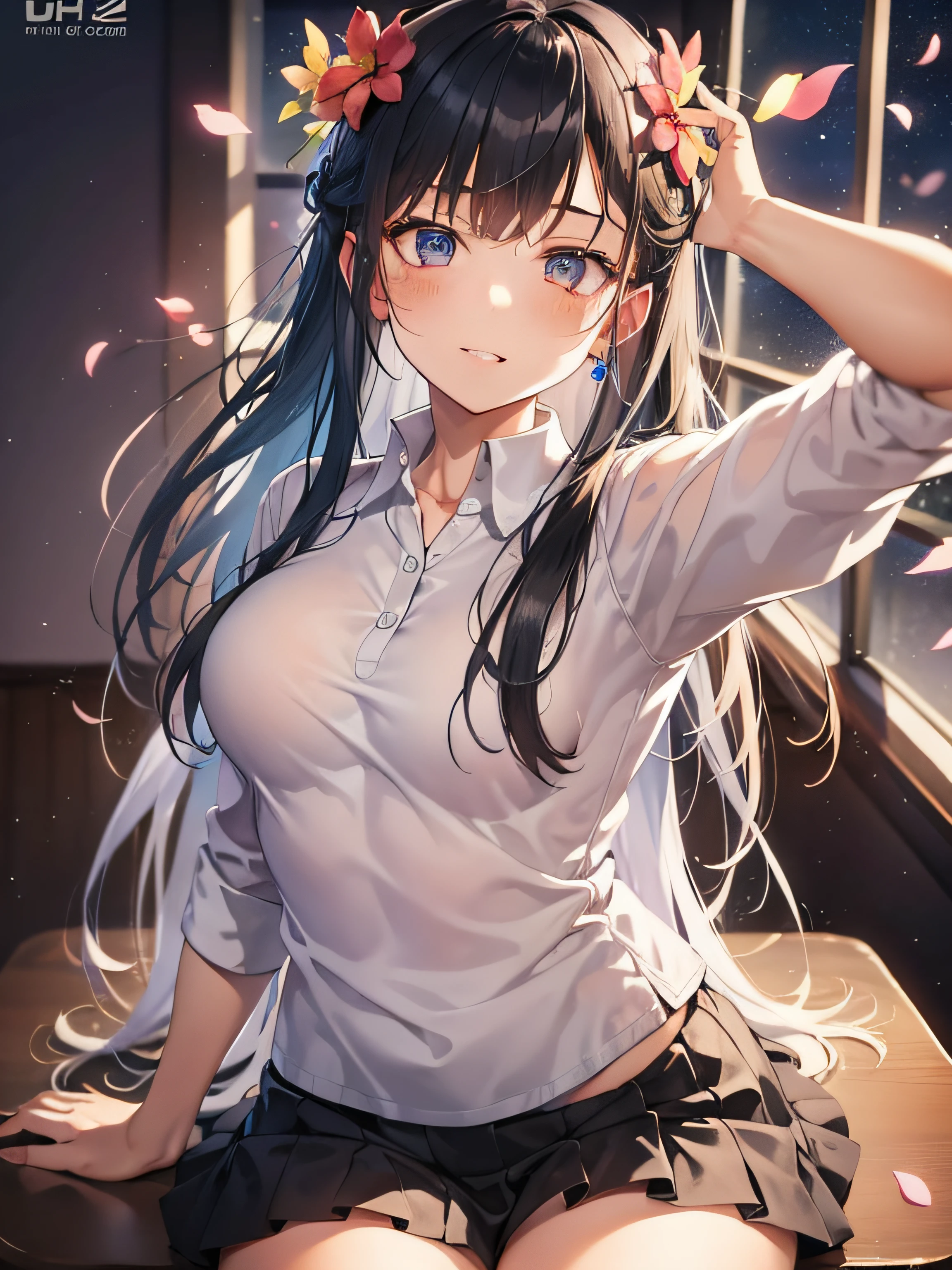 a beautiful female, selfie on the school classroom, sit on the table, wearing school uniform, besides the windows, fireflowers on the dark sky, gradient hair, black hair, silver hair, blue hair, hair behind ear, long hair, eye reflection, close-up, first-person view, symmetry, polar opposites, high detail, ray tracing, reflection light, masterpiece, best quality, anatomically correct, super detail, textured skin, UHD, highres, HD