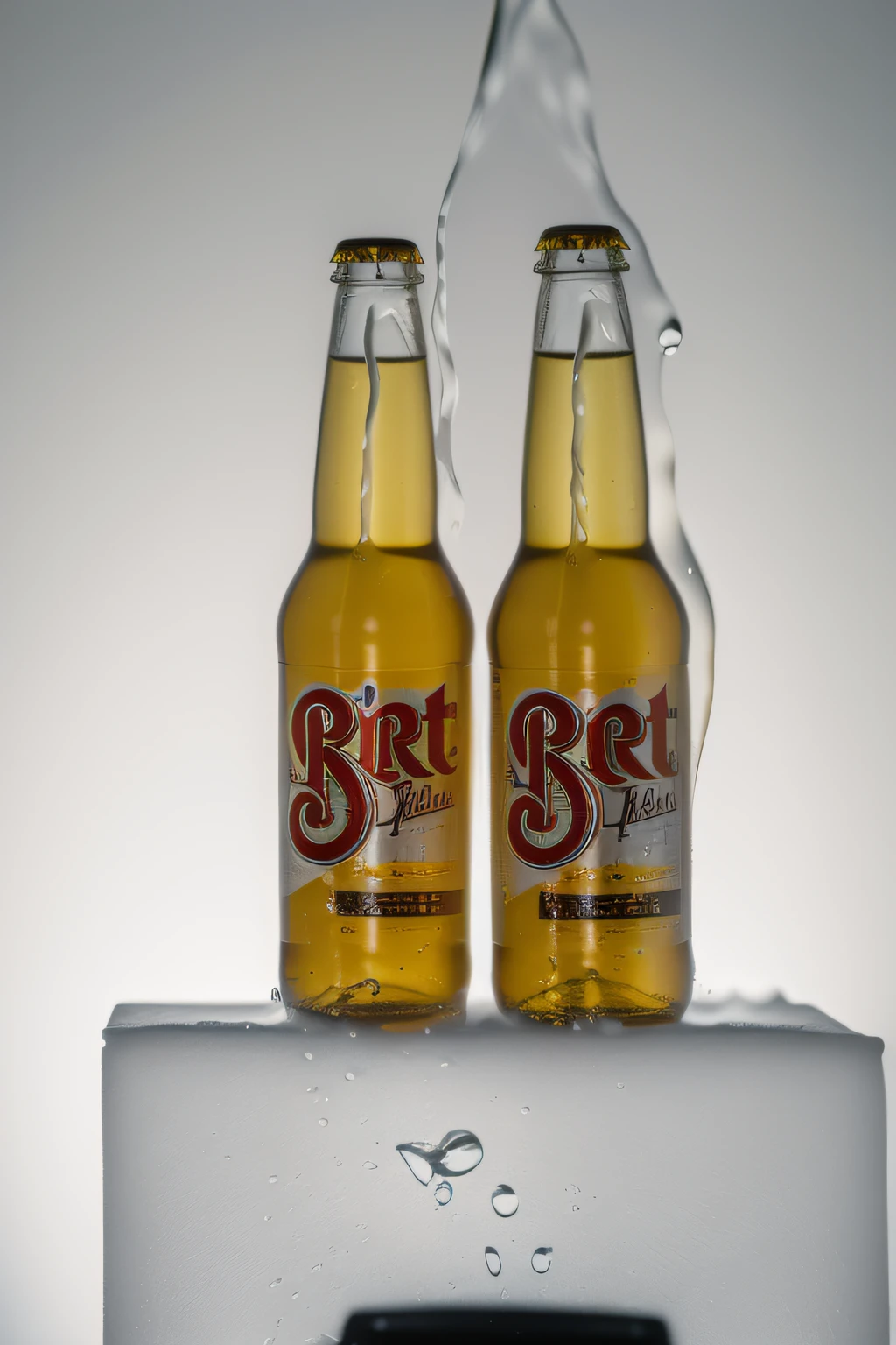 Profe ssional studio product photography,Bottle of beer,Water splashing,Kicker light,Softbox light,Highly focused ,Correct exposure level,Detailed shot,Impacting attention,Balanced color temperature,Black background,Symmetrical composition,Professional finishing,