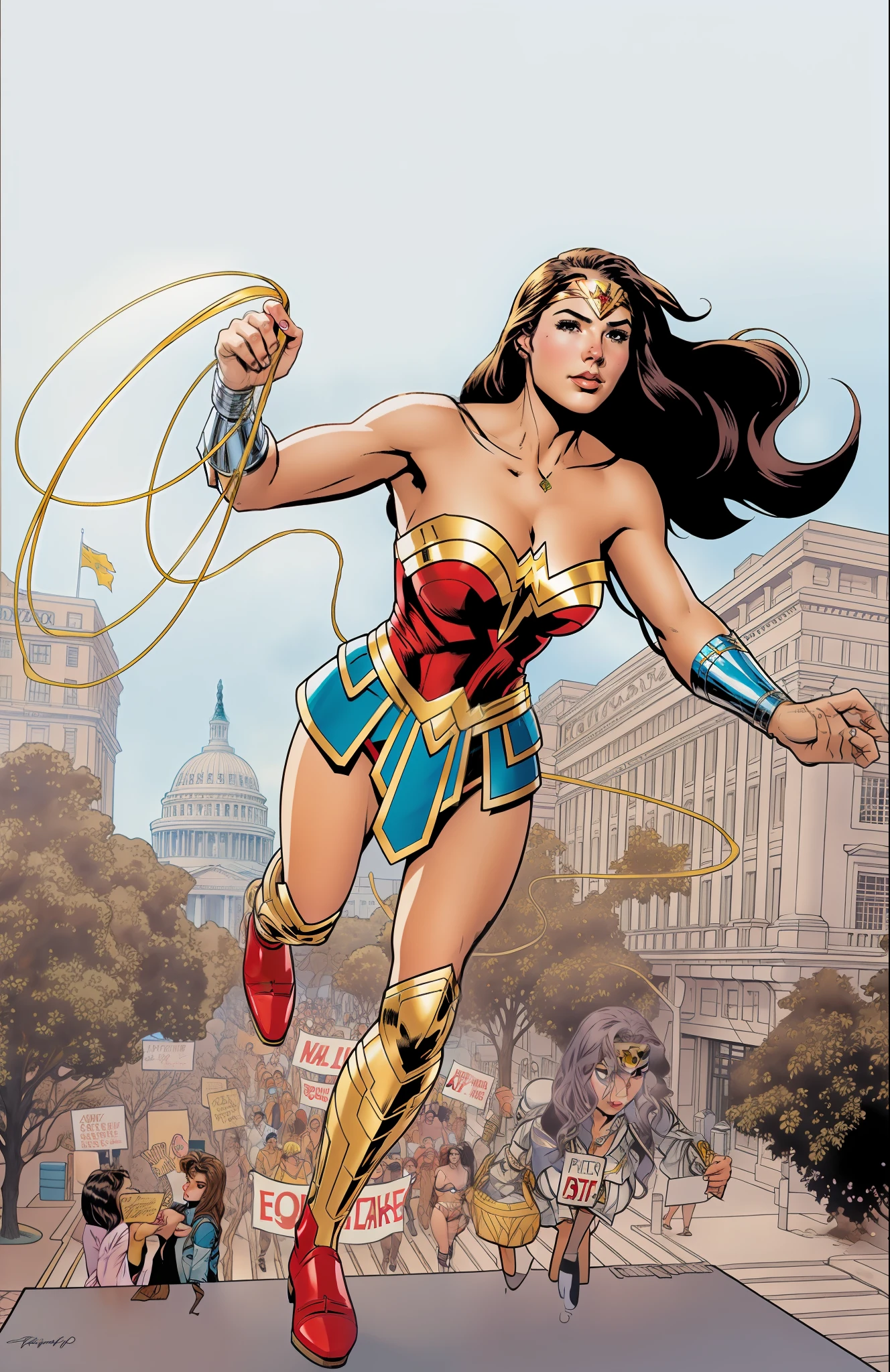Un primer plano de una mujer disfrazada con una muchacha, Mujer Maravilla, por John Keane, dc comics art style, Mark Schultz, lazo, Retrato de Wonder Woman, DC, Estilo DC Comics, por Roy Dalgarno, Phil Jimenez, Frank Cho, Acantilado Chiang, por Bob Singer, por Scott M. Fischer, sin texto, por Randy Gallegos