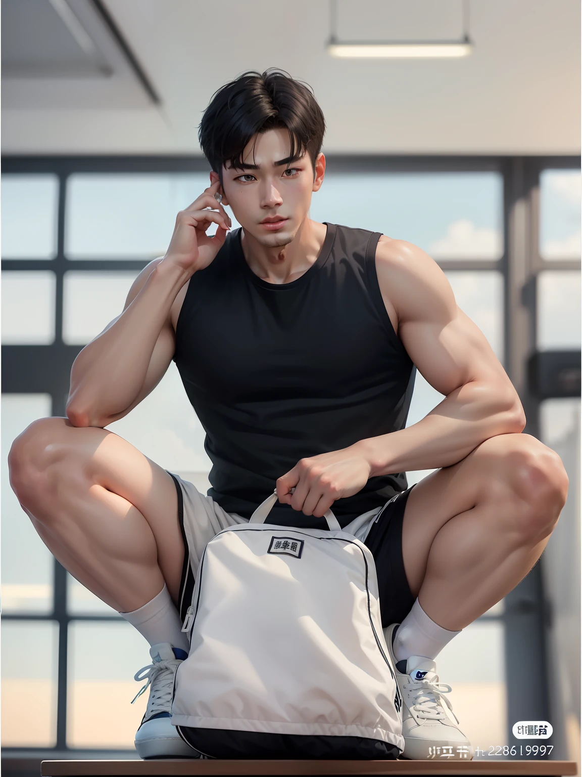 best qualtiy, 超高分辨率, (真实感:1.4), 1boy, (Kpop idol), (aegyo sal:1）chineseidol， Physical Education Student，Abs，fullnude，The ，cool guy，Nike football long white socks，Adidas running shoes ，The erection，The  is large，nakeness，masturbation，homosexuality，lovemaking