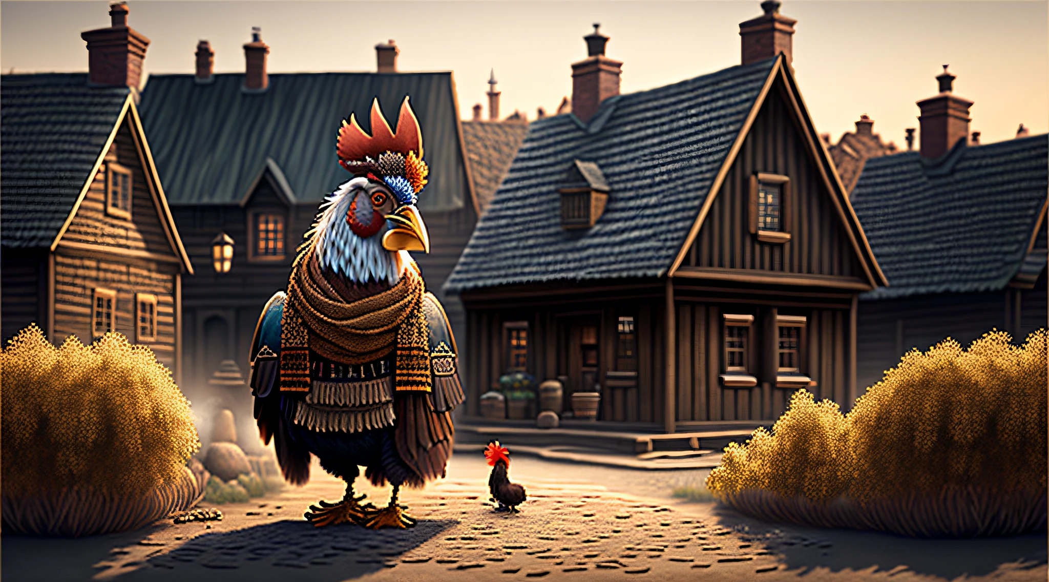 A rooster in sackcloth smoking a pipe in the village background. Rembrandt light, illusory engine, hyper detailed Photorealism, 4K, Detailed, Award-Awarded, Ultra photo realsisim, rendering by octane