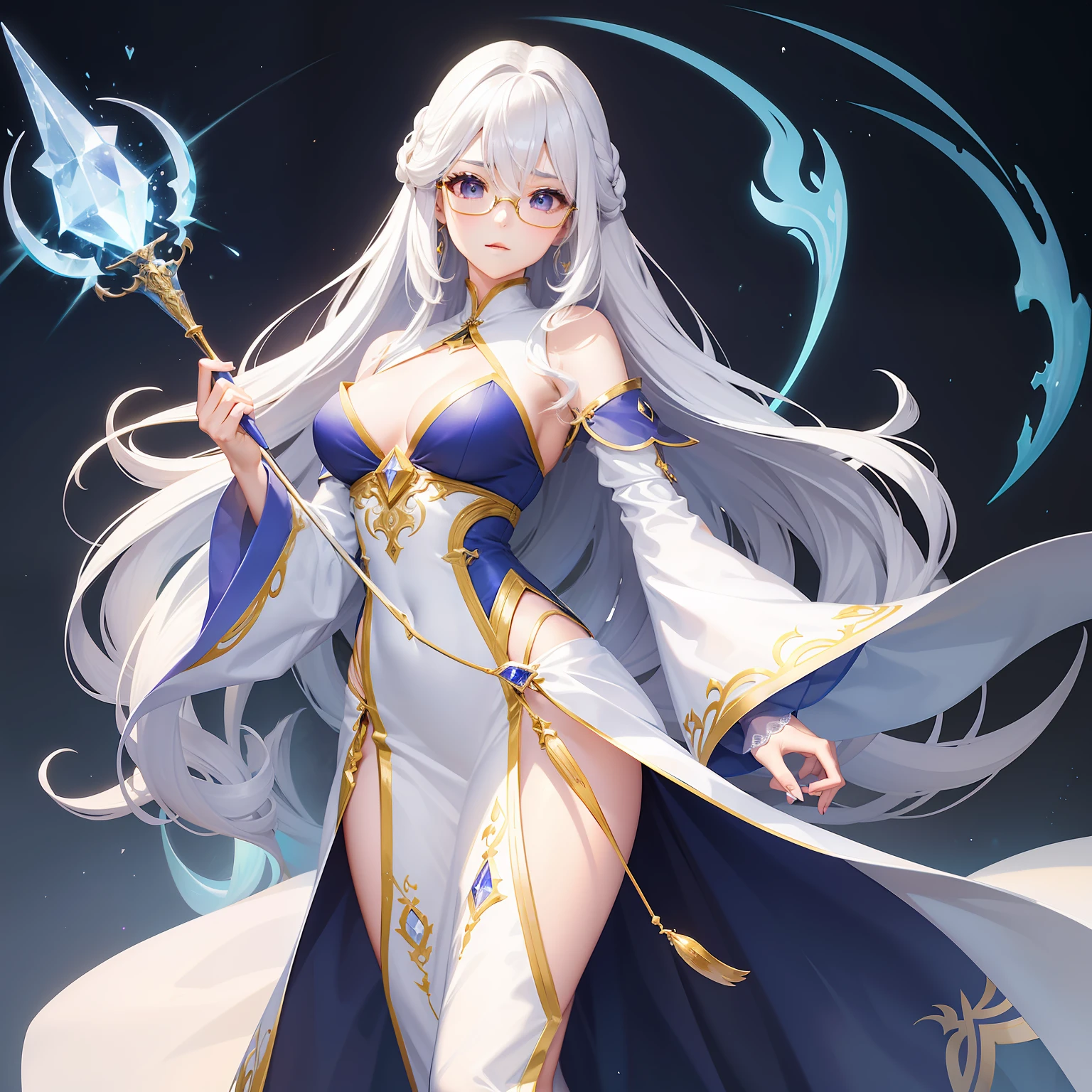 The hair: Draw long white hair。The length of the hair is about the length of the back and waist.、Add soft waves、Creates an atmosphere of grace and magic。
eye glasses: To emphasize the intellectual atmosphere、Draw glasses with a narrow frame。Incorporate retro designs and curves、Bring out the personality of your character。
faces: Draws an intelligent and calm look。Eyebrows with natural arches、Draw the eyes thin to look sharp。Straight nasal muscles、Lips should be drawn thin、Highlights the characteristics of female wizards。
outfits: Design gorgeous and elegant robes。Based on white、By adding magical patterns and decorations、Expresses the majesty and power of a female wizard。
A staff: Draw a staff symbolizing magical powers。With an elongated design、Garnish the tip with crystals or gemstones will help。Staff is an important source of magic for female wizards.。