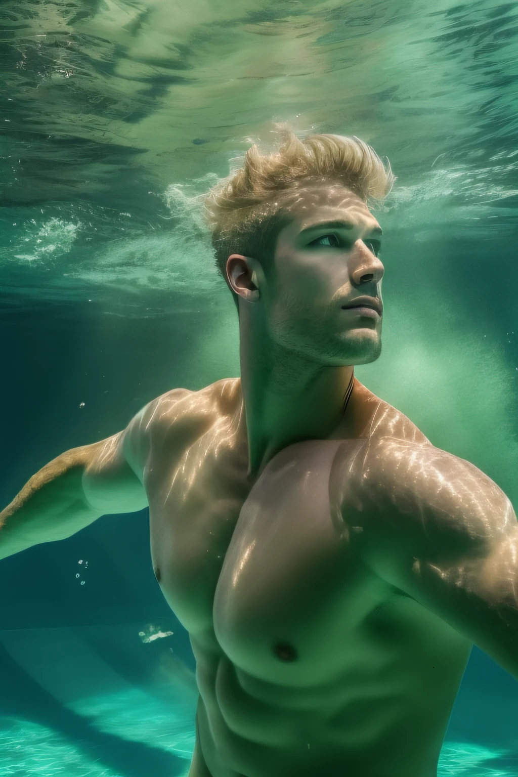 A fit handsome naked and muscular man, with short blonde hair, swimming powerfully underwater in a stunning pool, seen from below