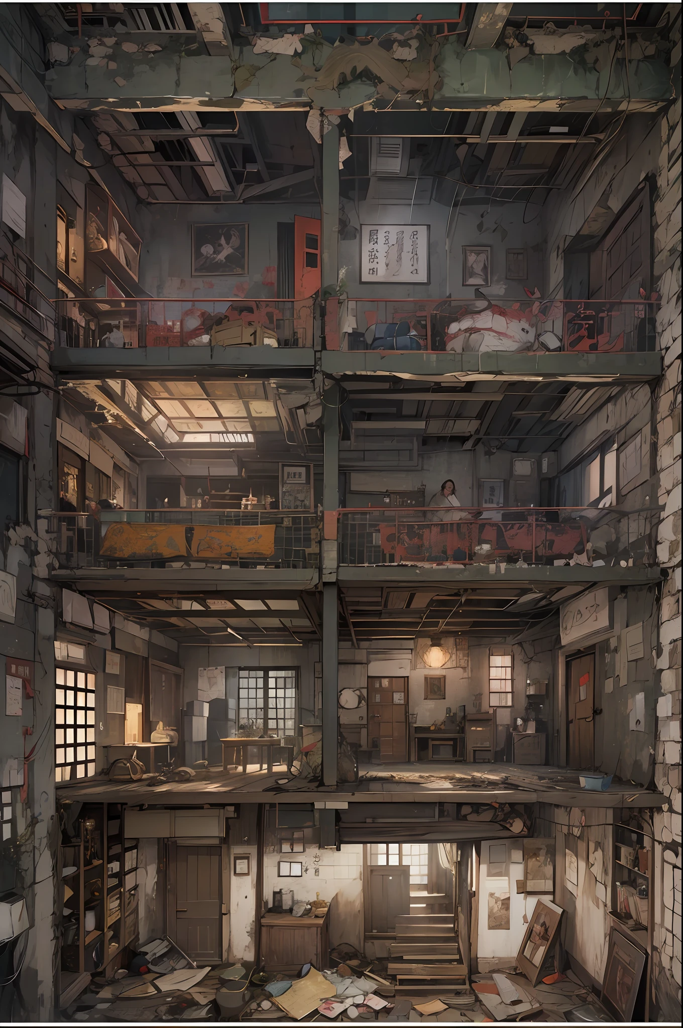 profile view（Interior of a four-story building）、Multiple rooms are neatly arranged，Chinese horror style（run-down、Old horror），（Conceptual digital art，The is very detailed，reasonable design，Clear lines，k hd，The best quality，tmasterpiece，超高分辨率，4K）